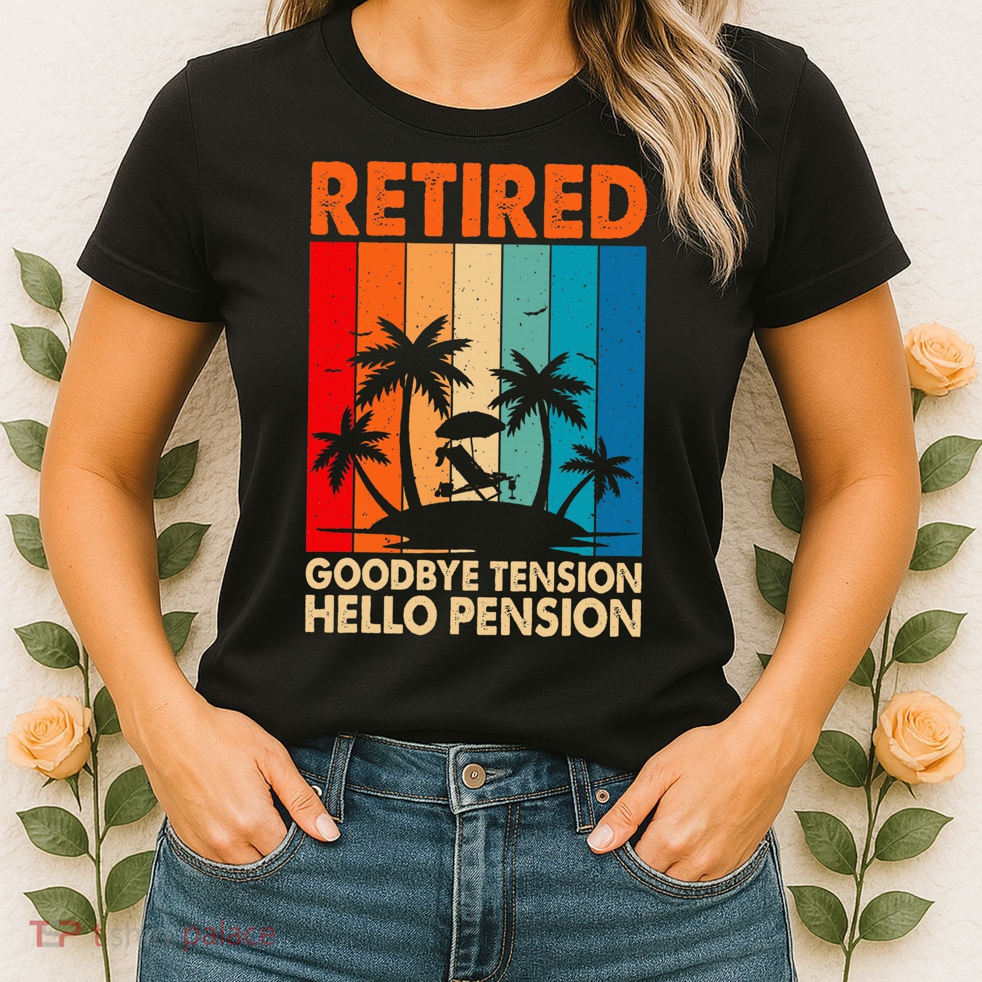 Goodbye Tension Hello Pension Beach Palm Trees Retirement Women's T-Shirt