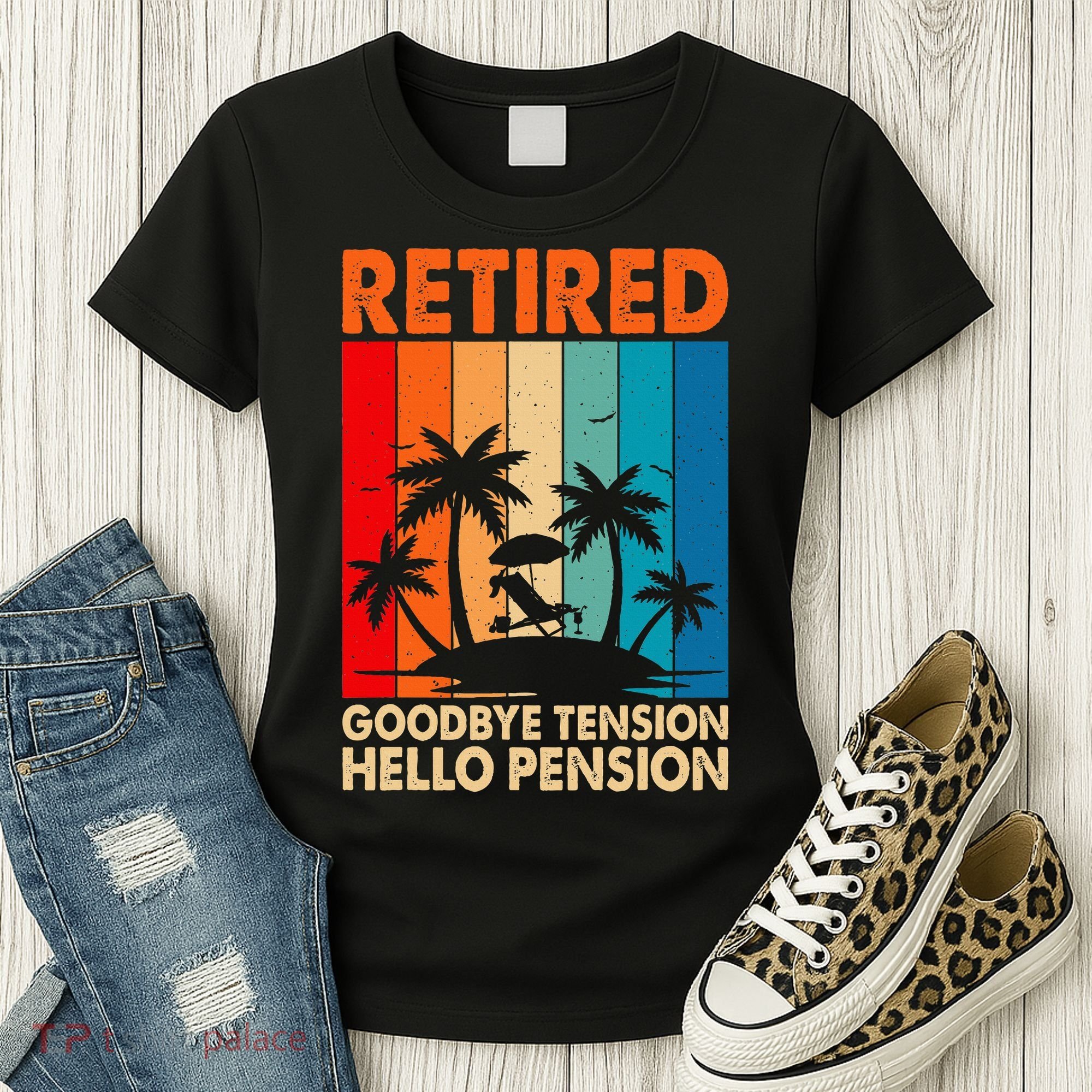 Goodbye Tension Hello Pension Beach Palm Trees Retirement Women's T-Shirt