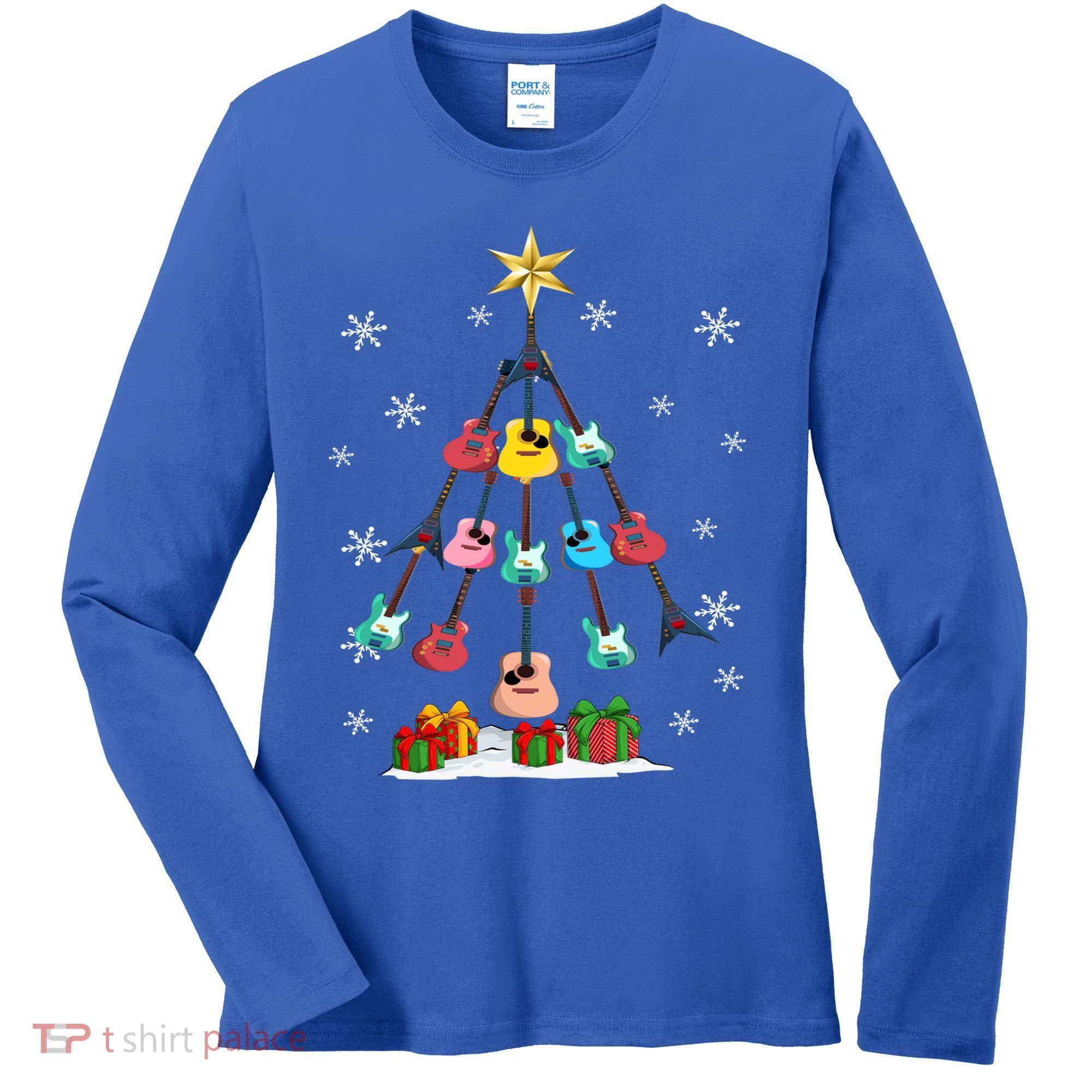 Guitar Tree Lights Christmas Pajamas Guitar Lovers Xmas Tree Cool Gift Women's Long Sleeve Shirt