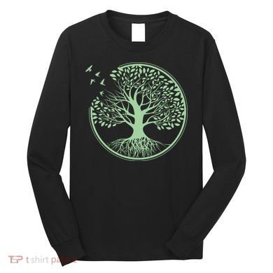 Green Tree Roots And Birds Emblem Nature Lover Long Sleeve Shirt