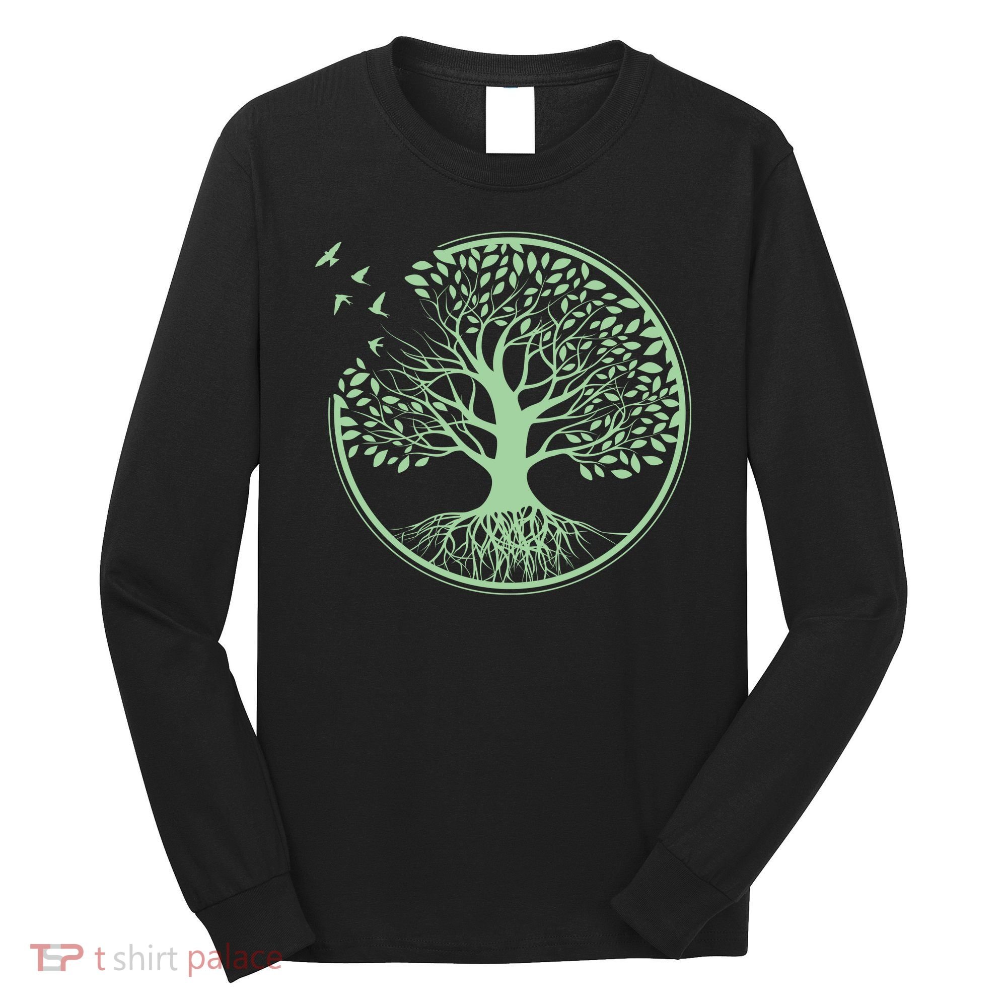 Green Tree Roots And Birds Emblem Nature Lover Long Sleeve Shirt