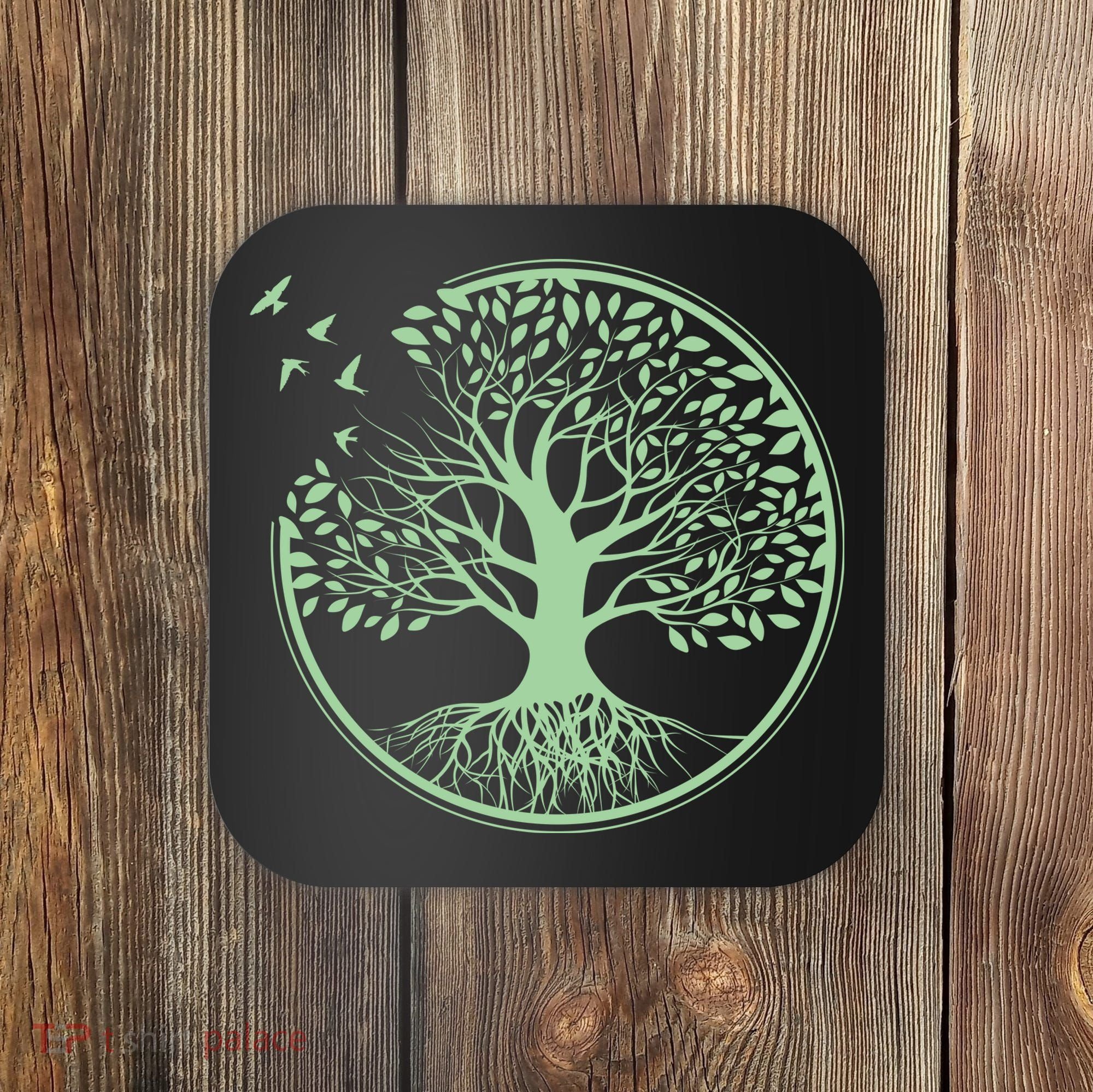 Green Tree Roots And Birds Emblem Nature Lover Coaster