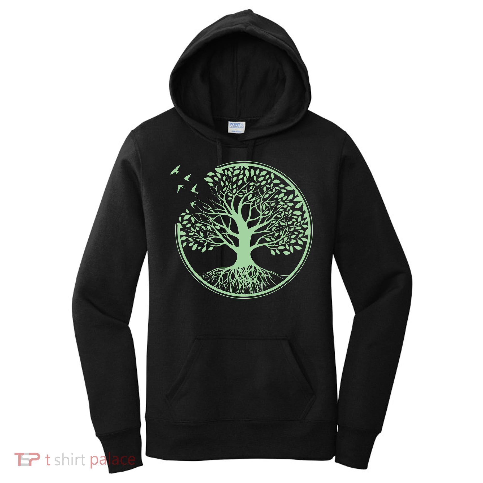 Green Tree Roots And Birds Emblem Nature Lover Women's Hoodie