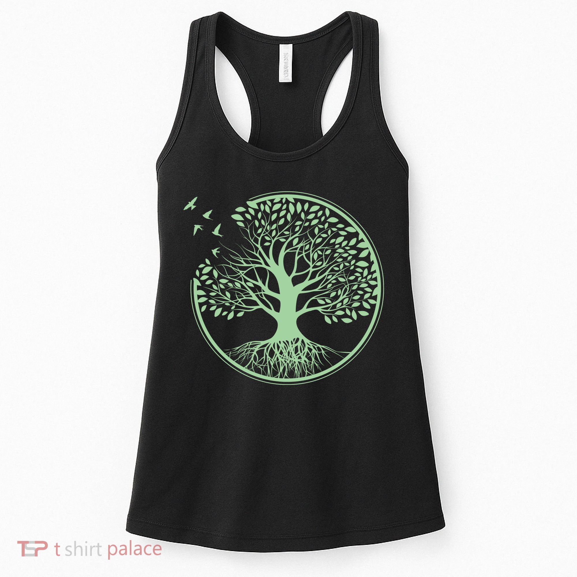 Green Tree Roots And Birds Emblem Nature Lover Women's Tank Top