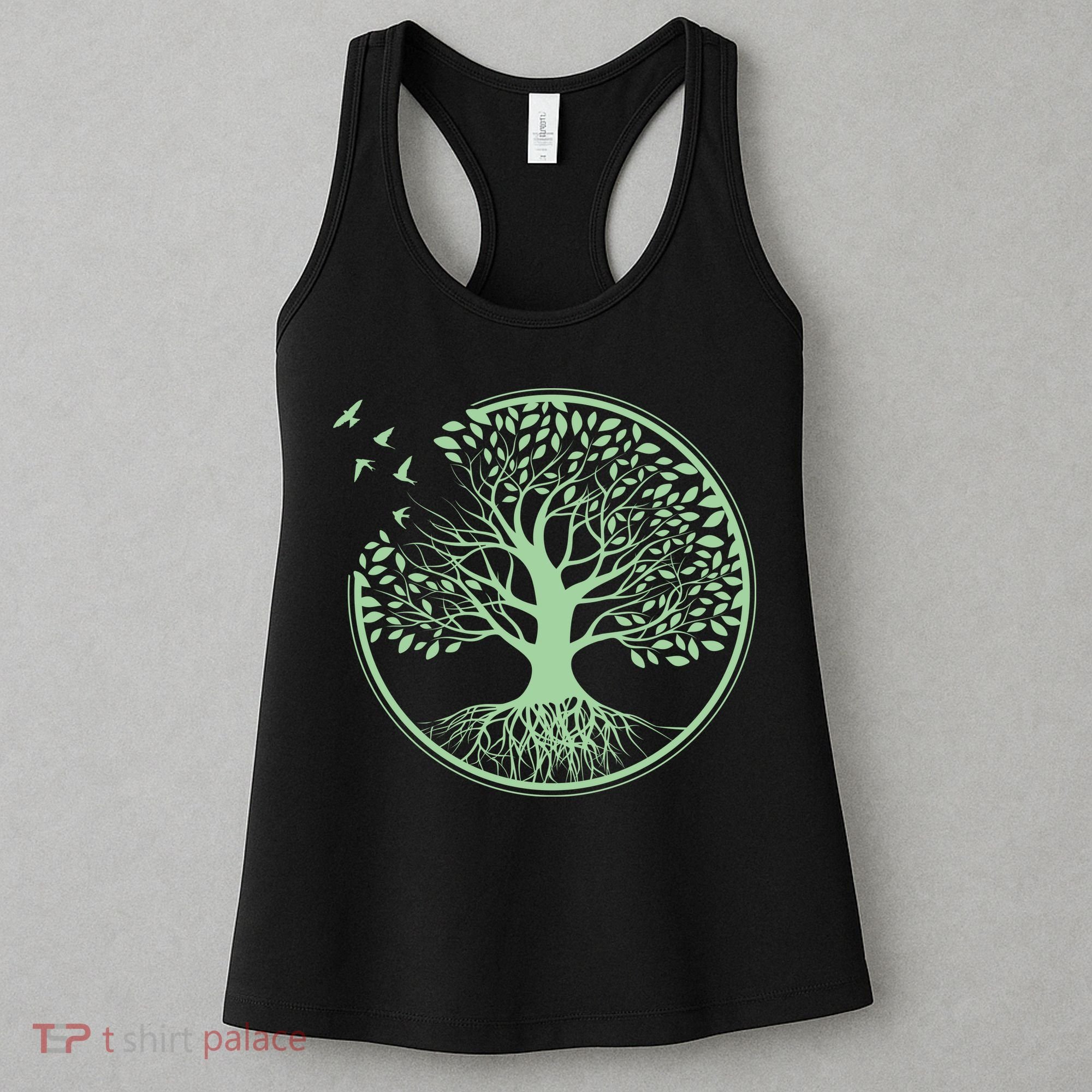 Green Tree Roots And Birds Emblem Nature Lover Women's Tank Top