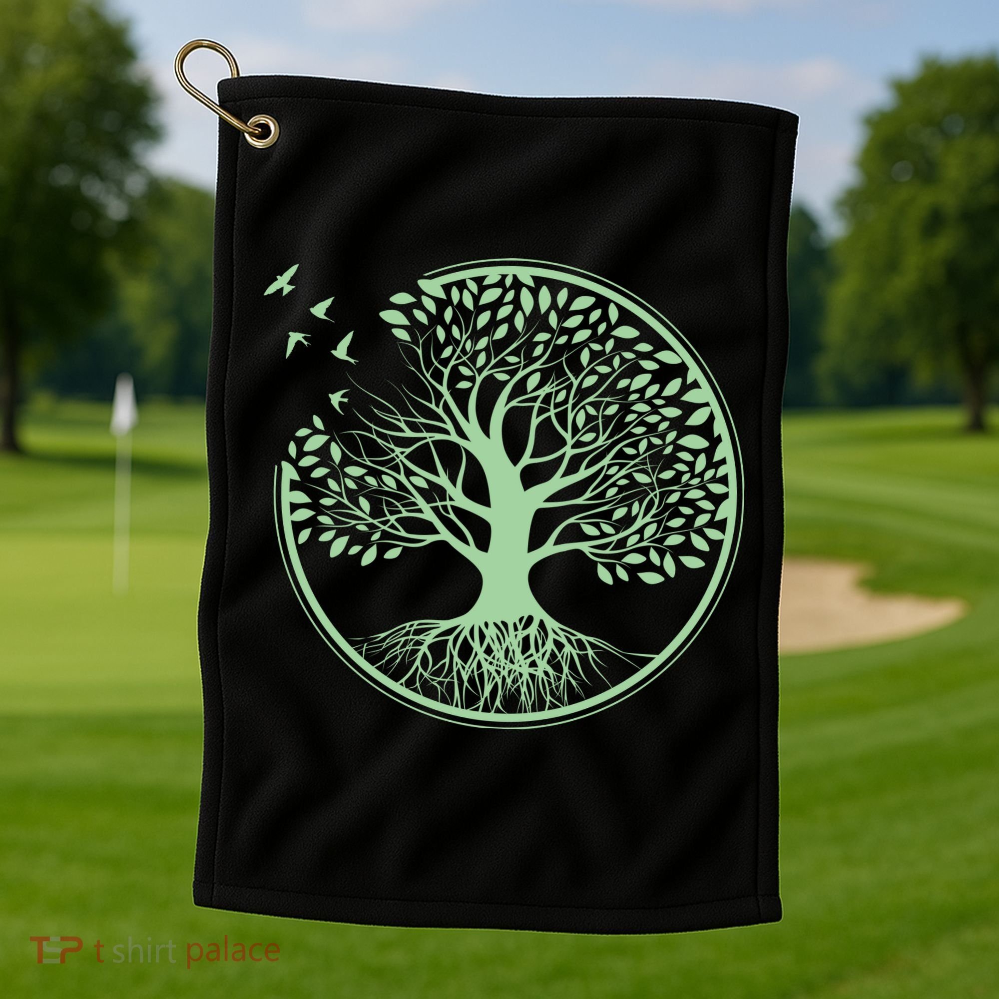 Green Tree Roots And Birds Emblem Nature Lover Golf Towel