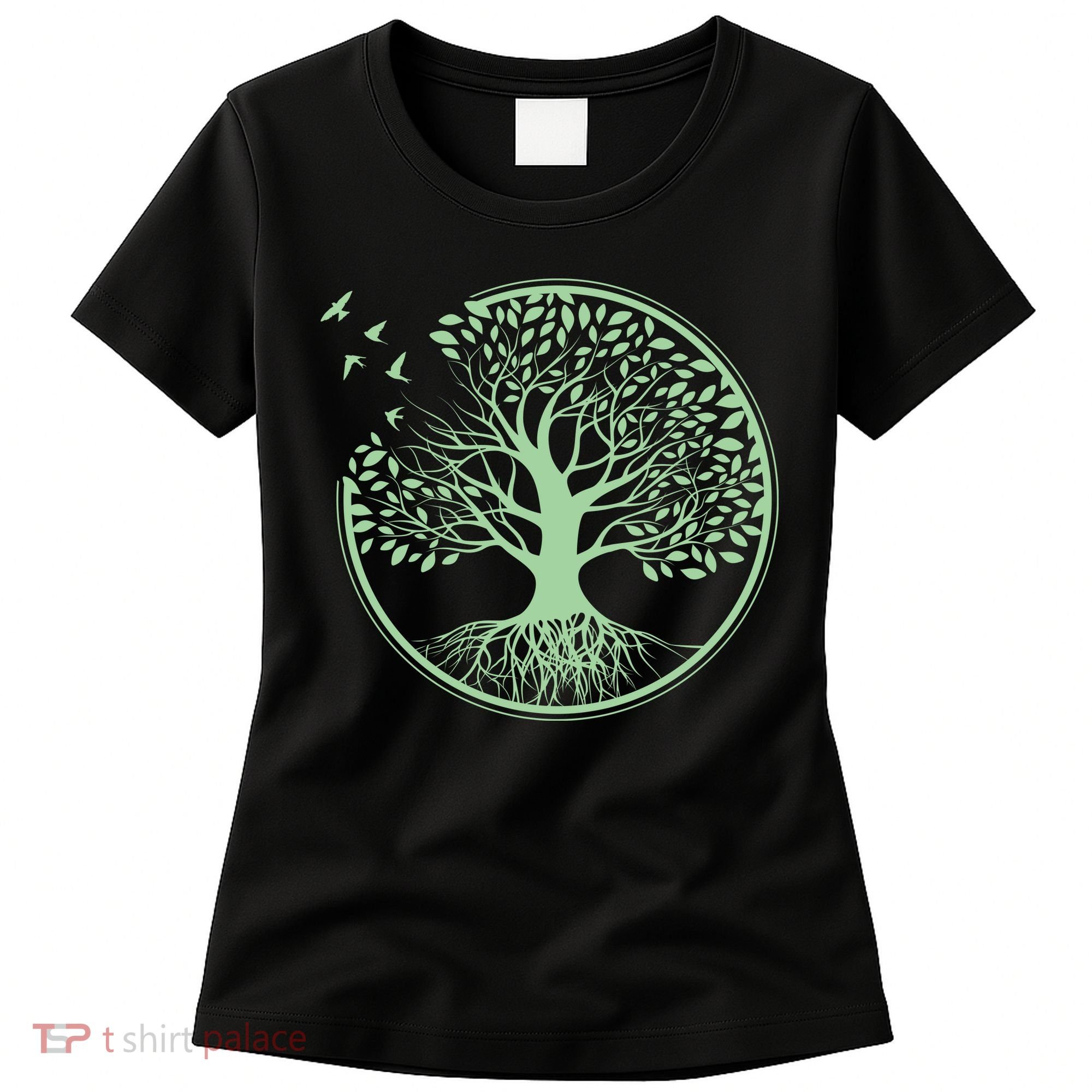 Green Tree Roots And Birds Emblem Nature Lover Women's T-Shirt