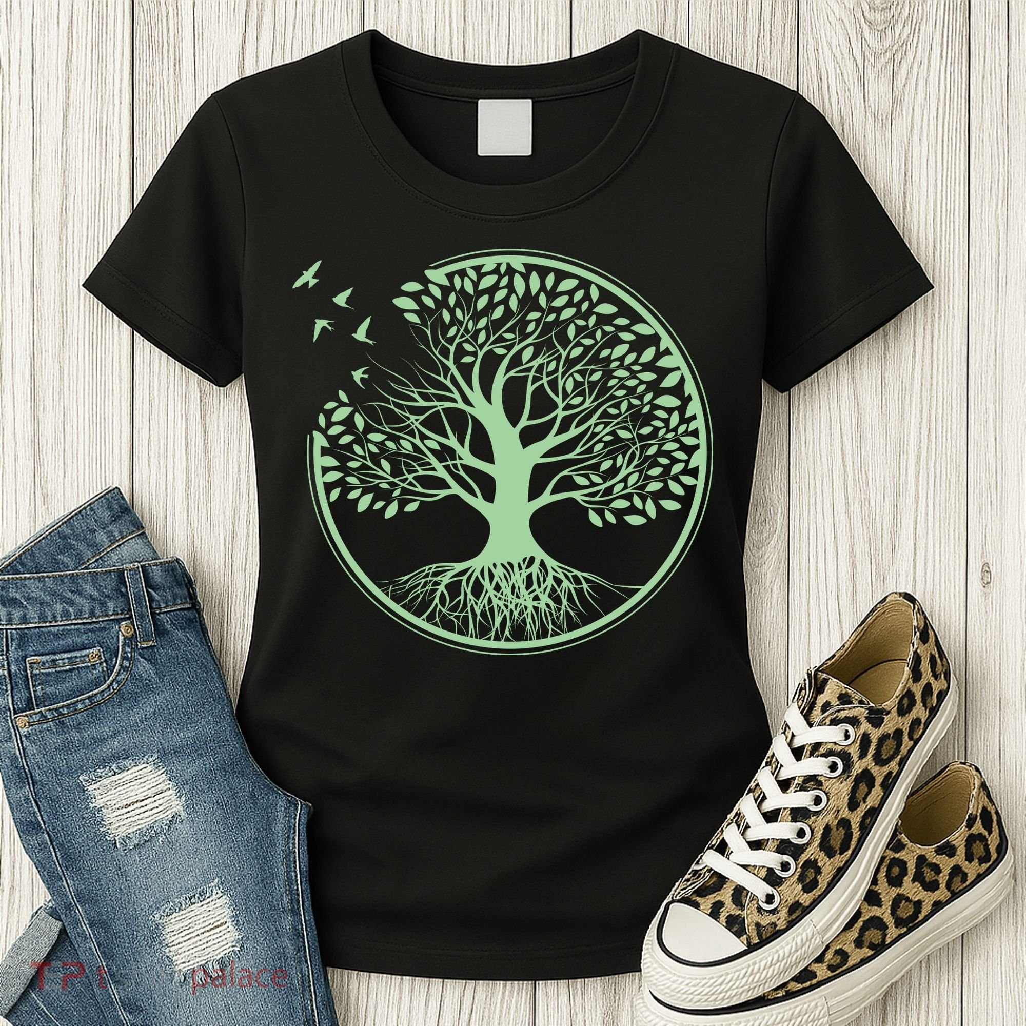 Green Tree Roots And Birds Emblem Nature Lover Women's T-Shirt