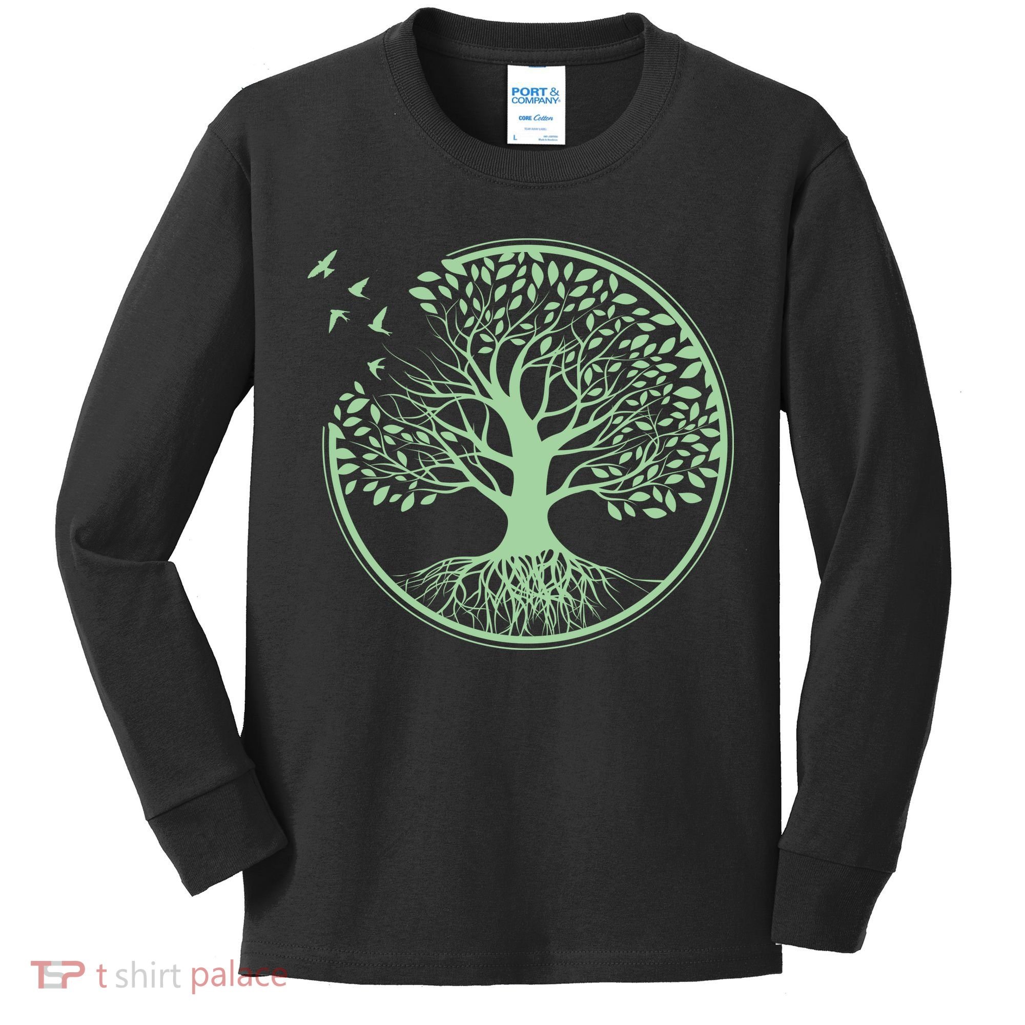 Green Tree Roots And Birds Emblem Nature Lover Kids Long Sleeve Shirt