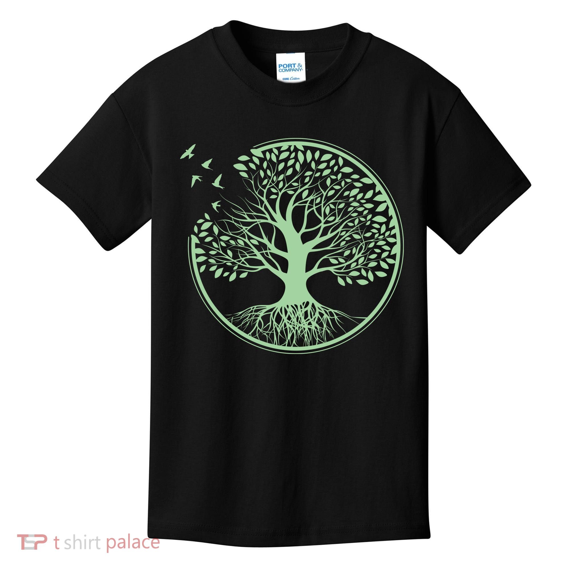 Green Tree Roots And Birds Emblem Nature Lover Kids T-Shirt