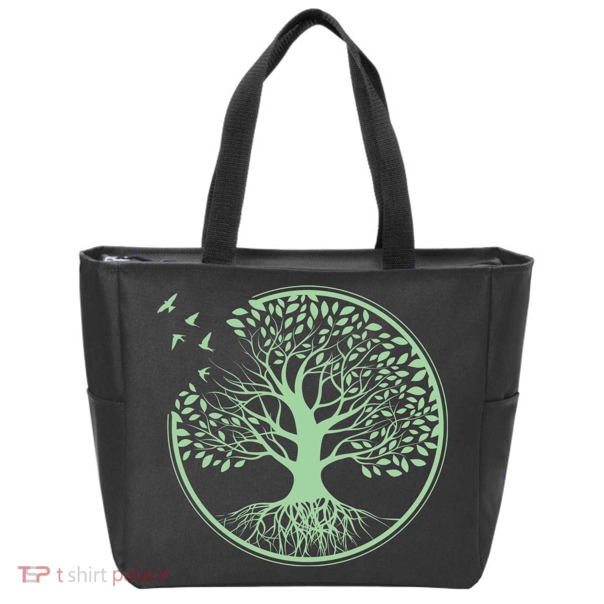 Green Tree Roots And Birds Emblem Nature Lover Tote Bag