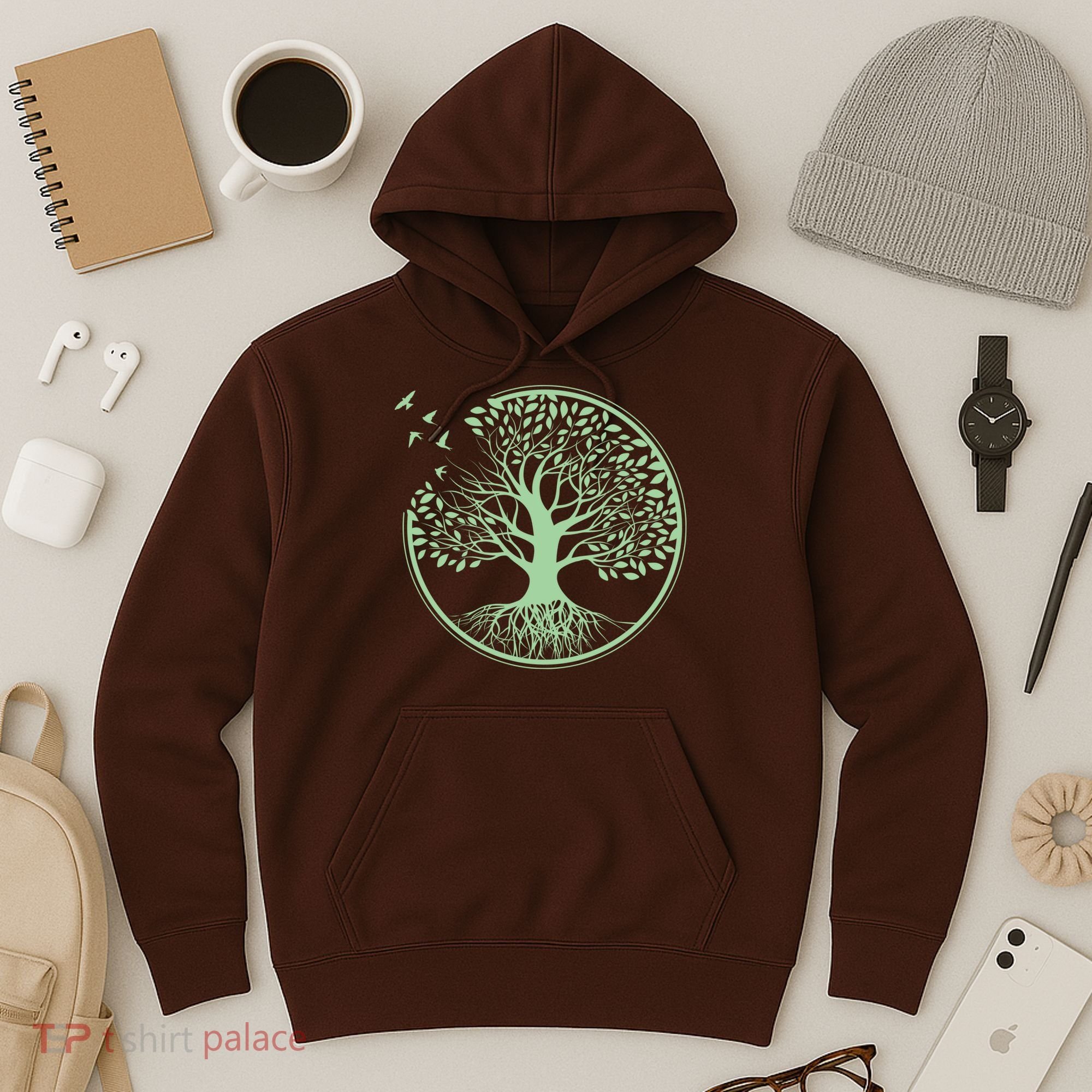 Green Tree Roots And Birds Emblem Nature Lover Hoodie