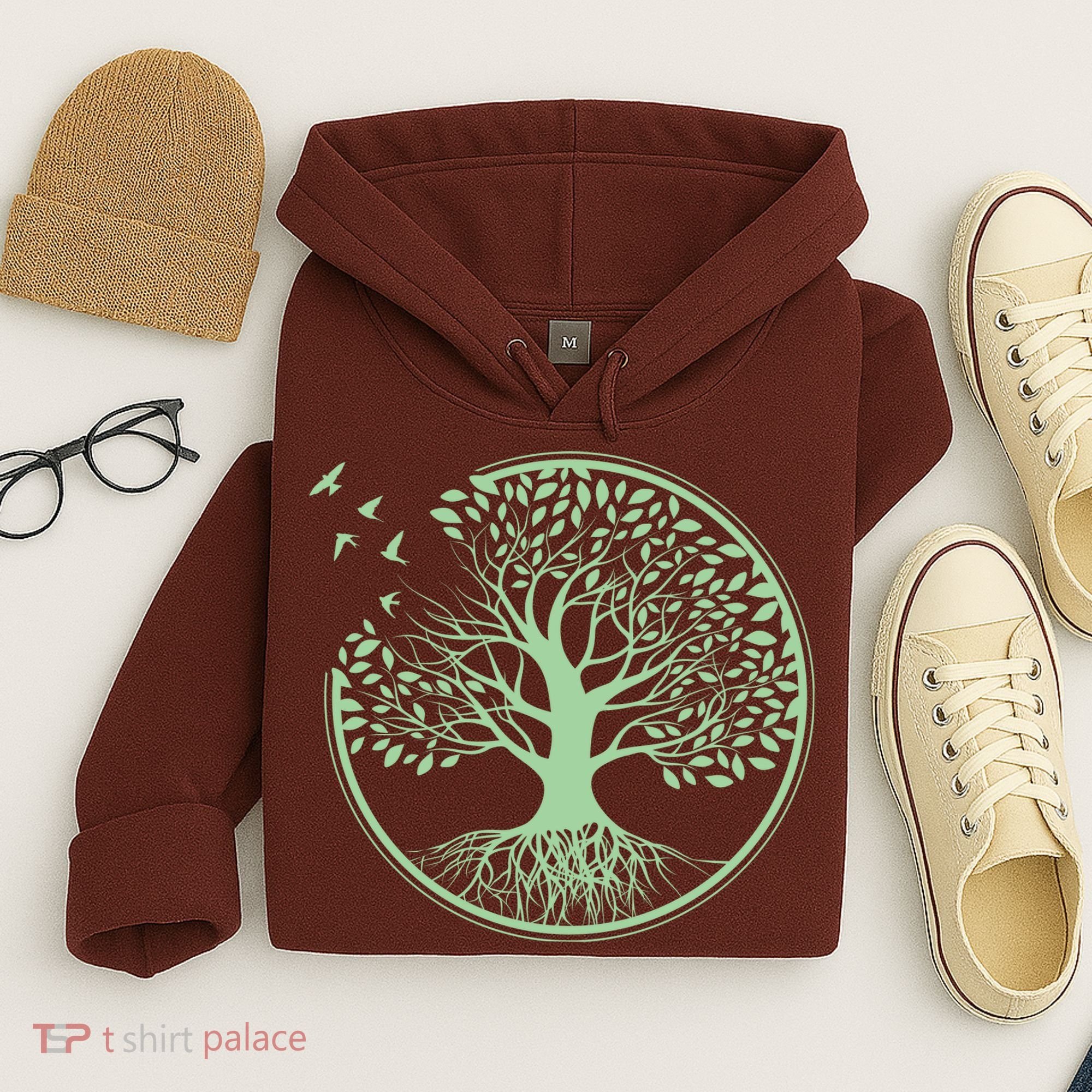 Green Tree Roots And Birds Emblem Nature Lover Hoodie