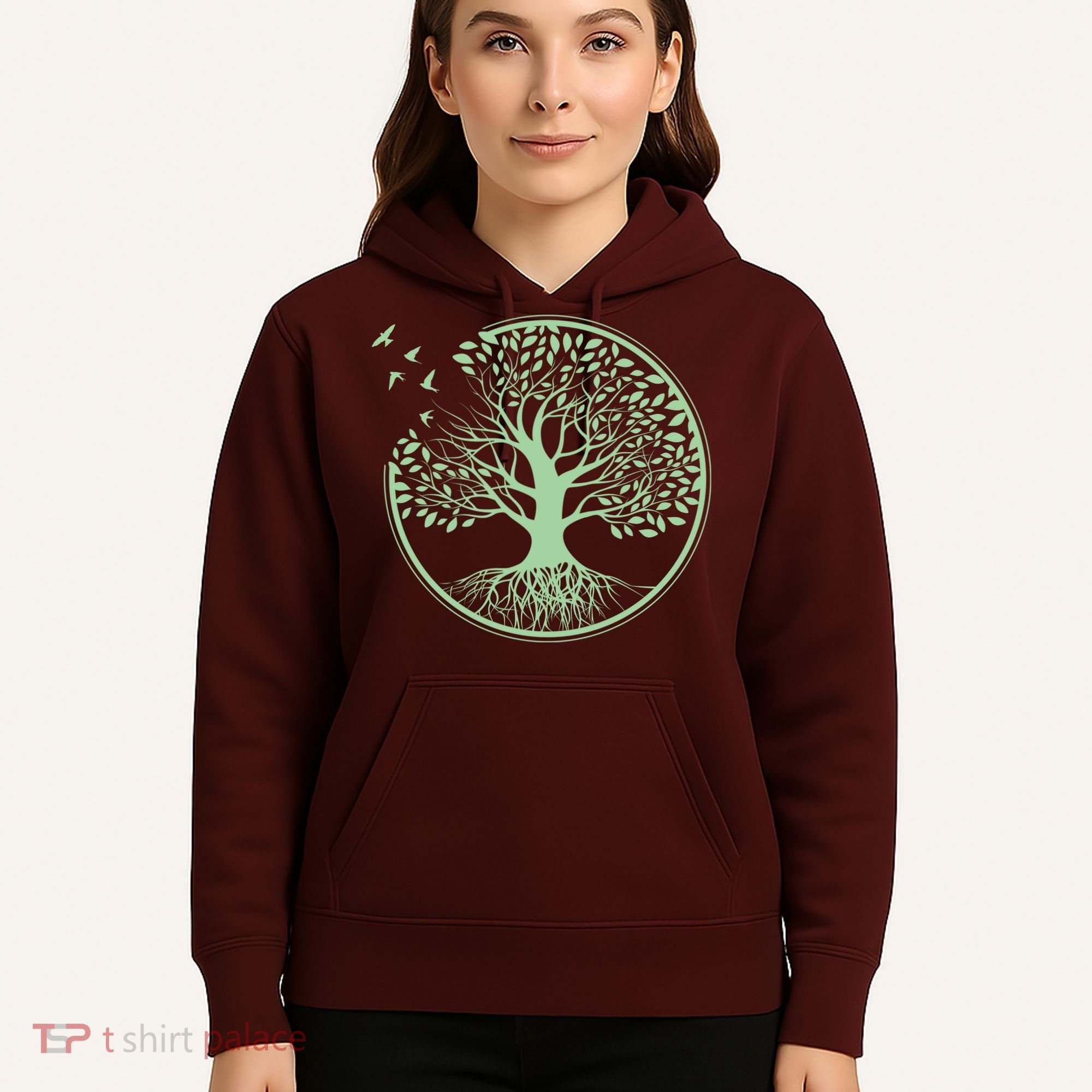 Green Tree Roots And Birds Emblem Nature Lover Hoodie