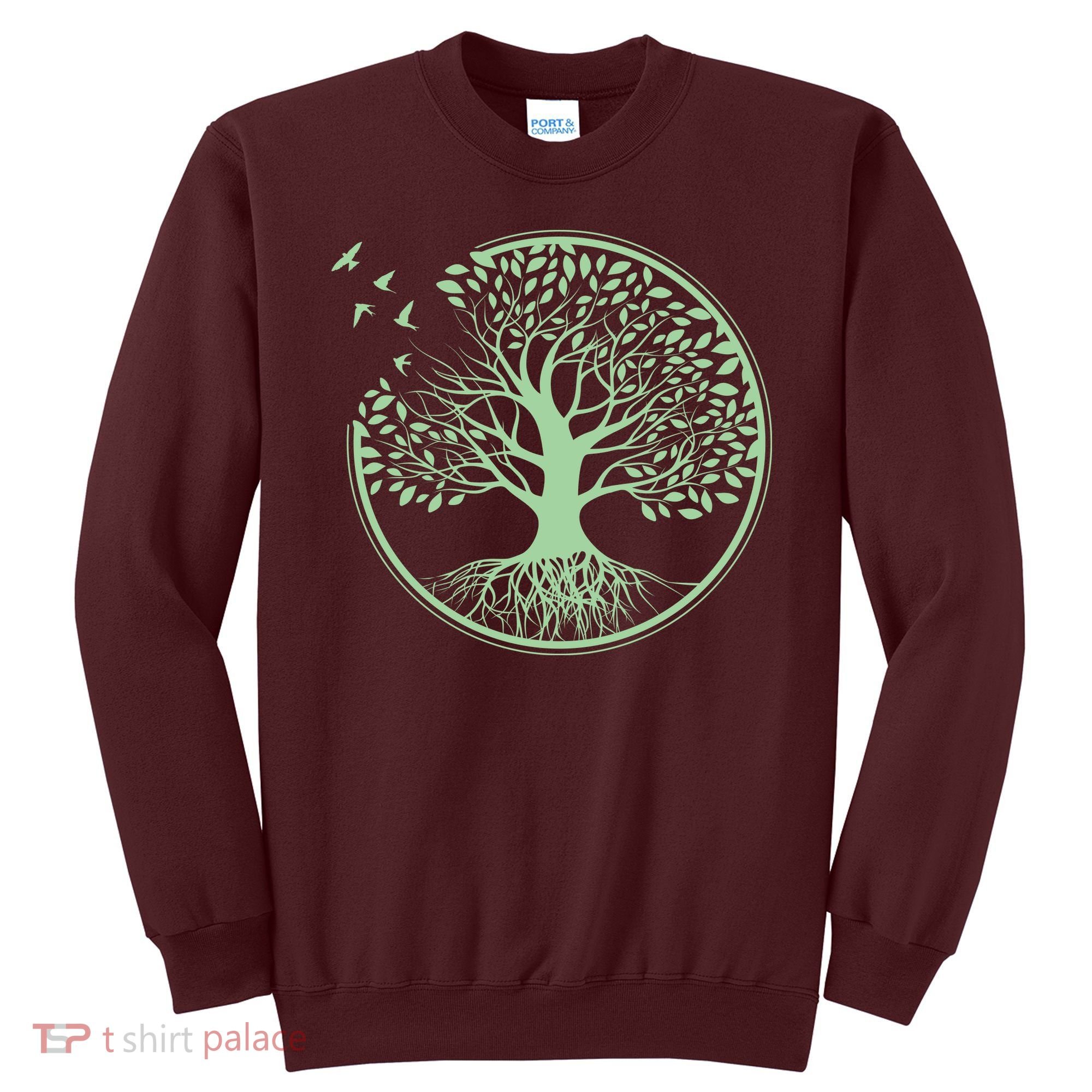 Green Tree Roots And Birds Emblem Nature Lover Sweatshirt
