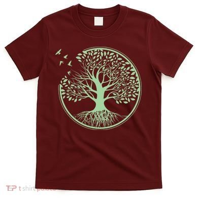 Green Tree Roots And Birds Emblem Nature Lover T-Shirt