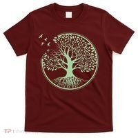 Green Tree Roots And Birds Emblem Nature Lover T-Shirt thumb 0