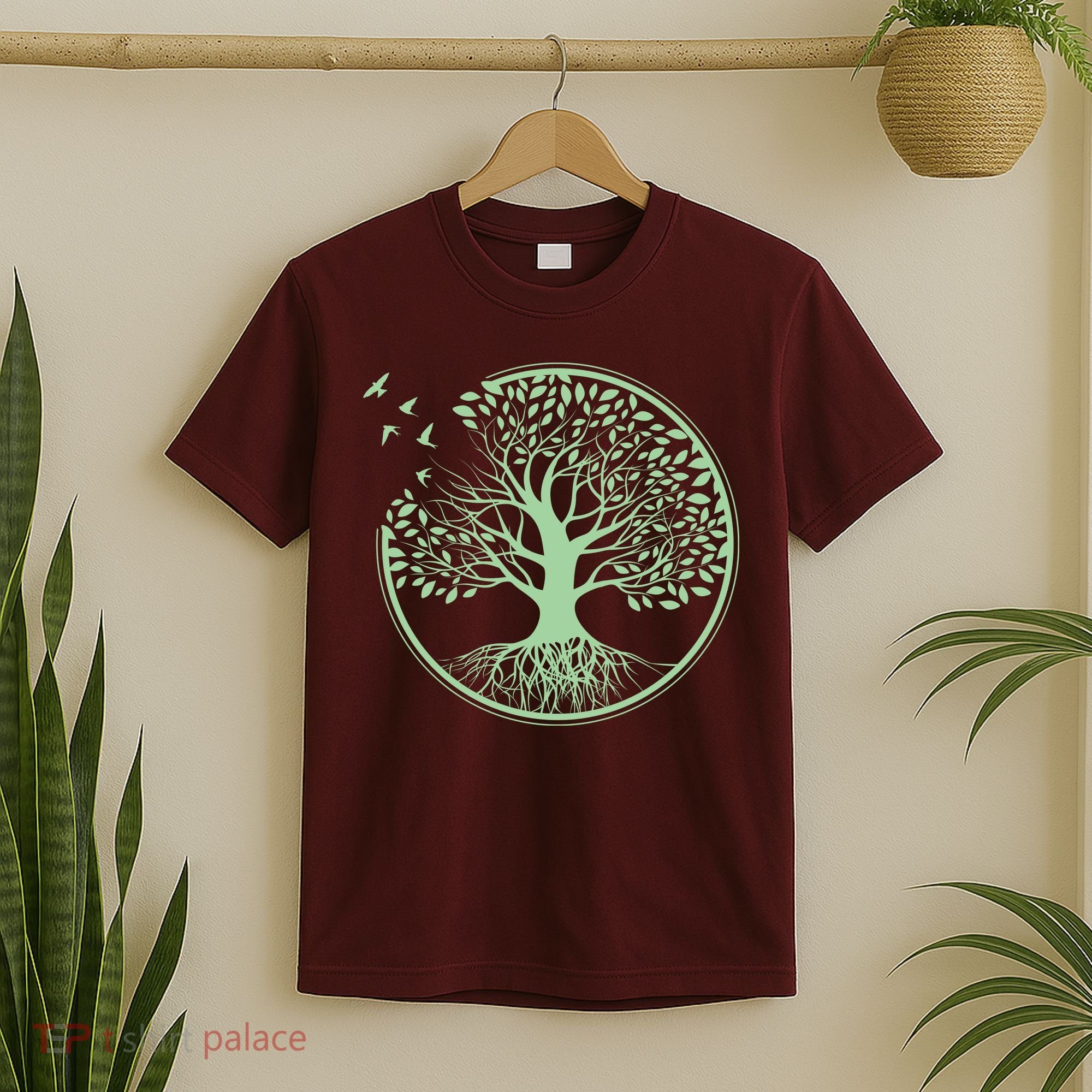 Green Tree Roots And Birds Emblem Nature Lover T-Shirt