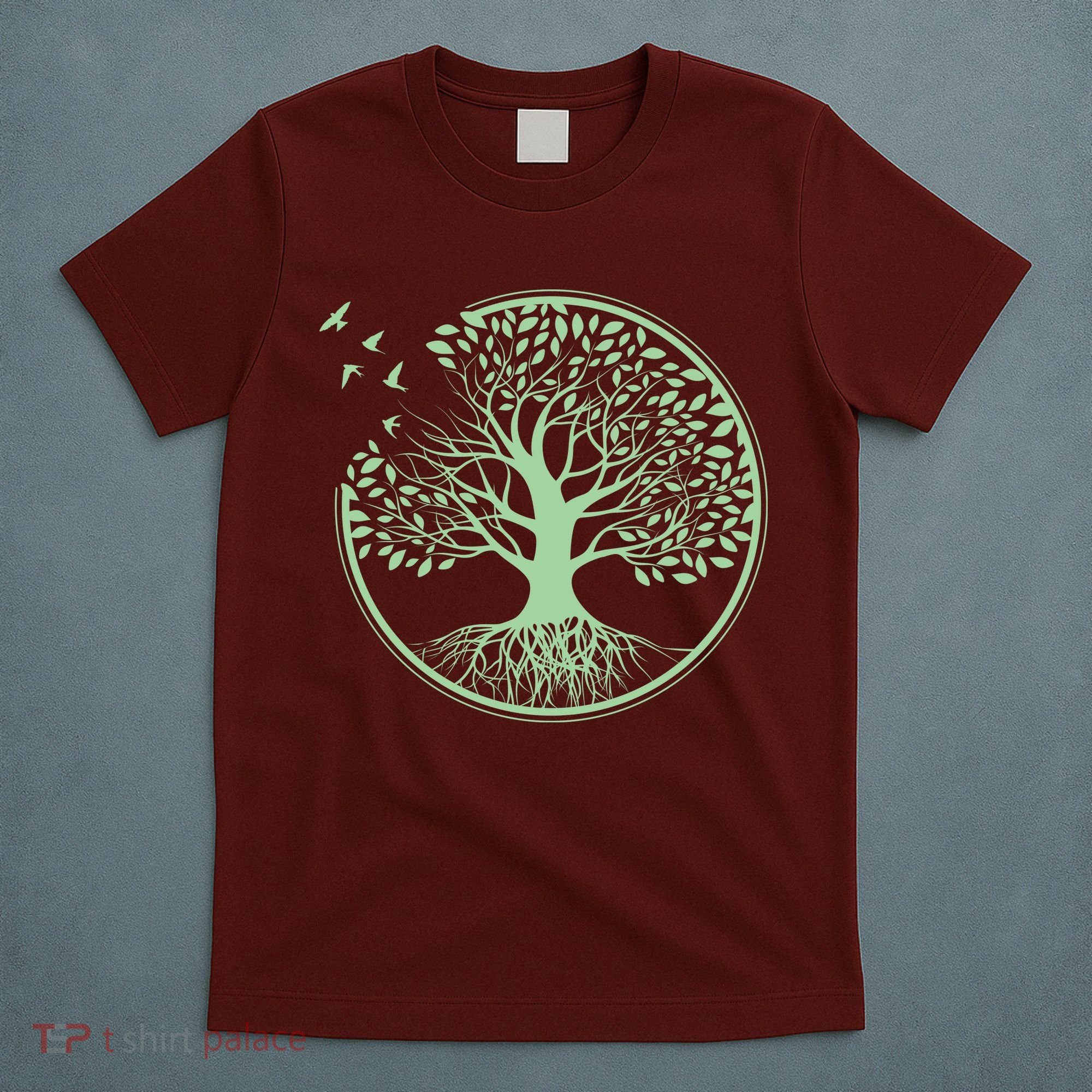 Green Tree Roots And Birds Emblem Nature Lover T-Shirt