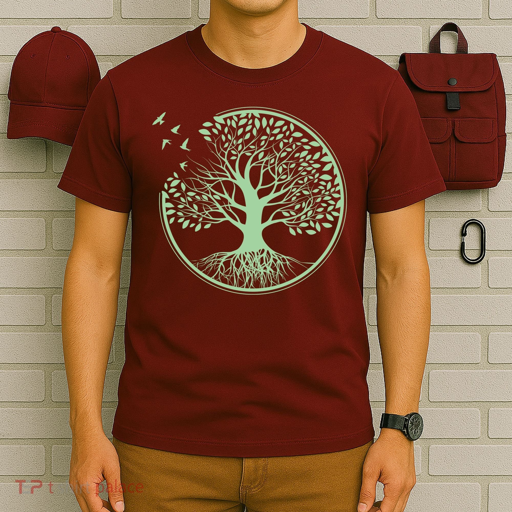 Green Tree Roots And Birds Emblem Nature Lover T-Shirt