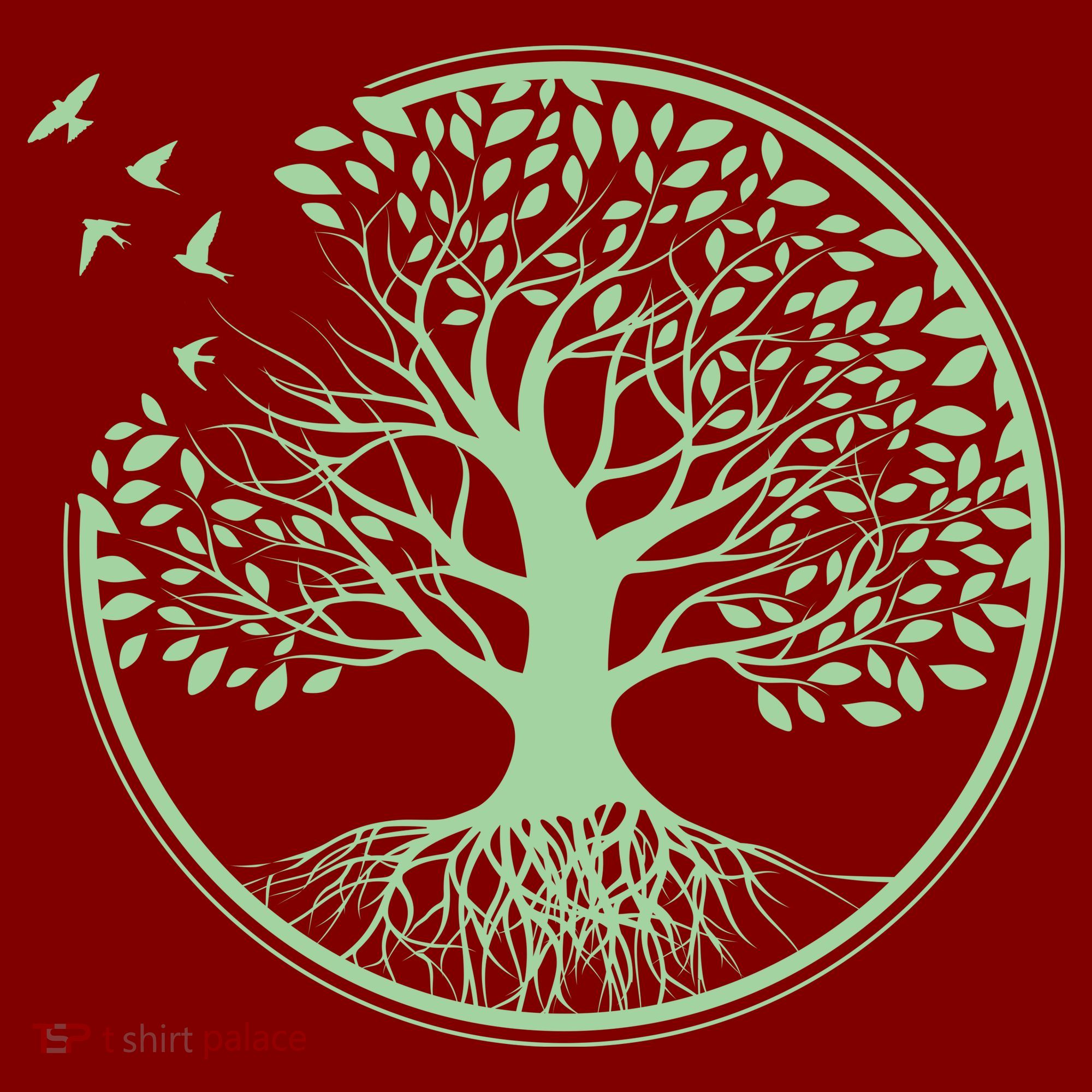 Green Tree Roots And Birds Emblem Nature Lover T-Shirt