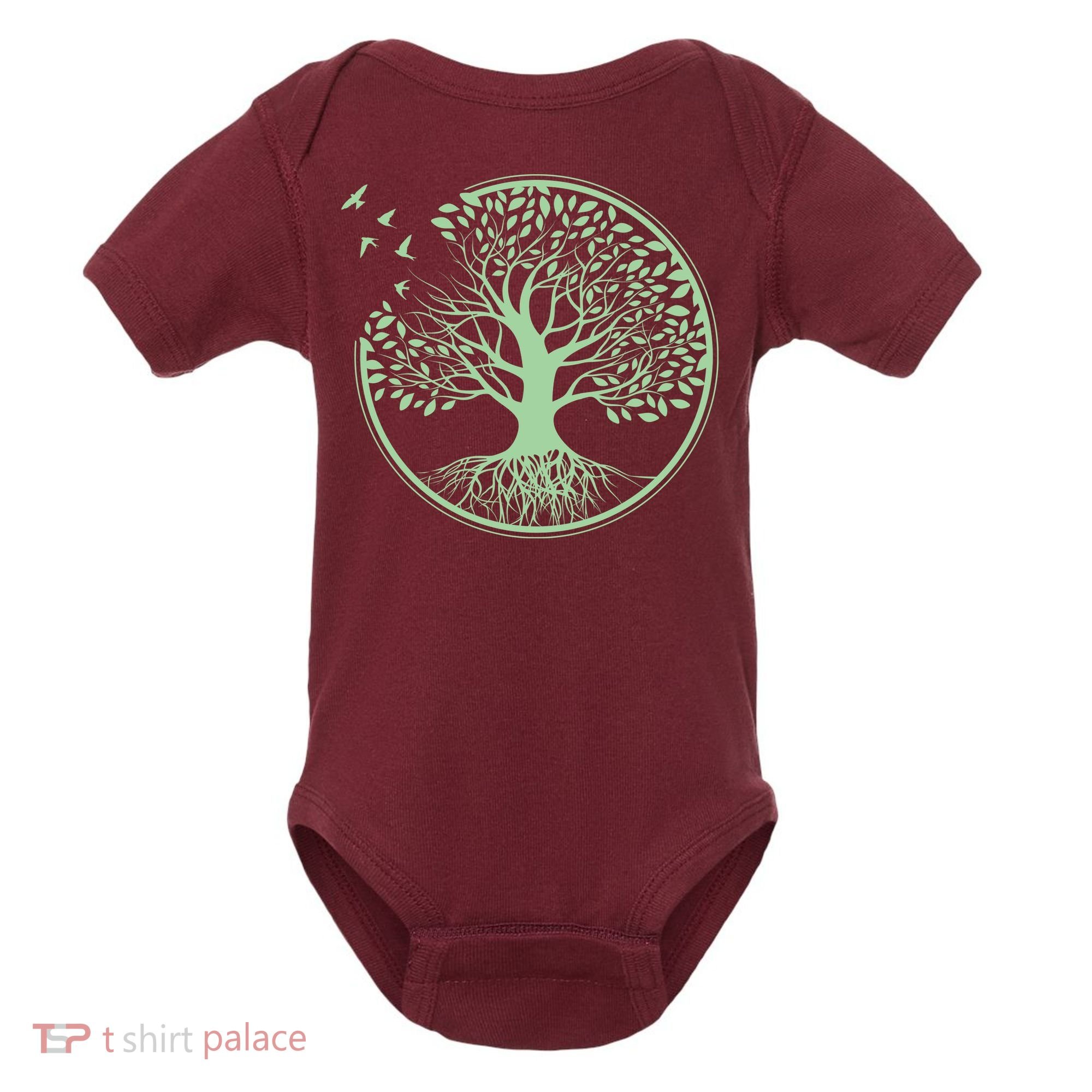 Green Tree Roots And Birds Emblem Nature Lover Baby Bodysuit