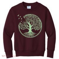 Green Tree Roots And Birds Emblem Nature Lover Kids Sweatshirt thumb 0