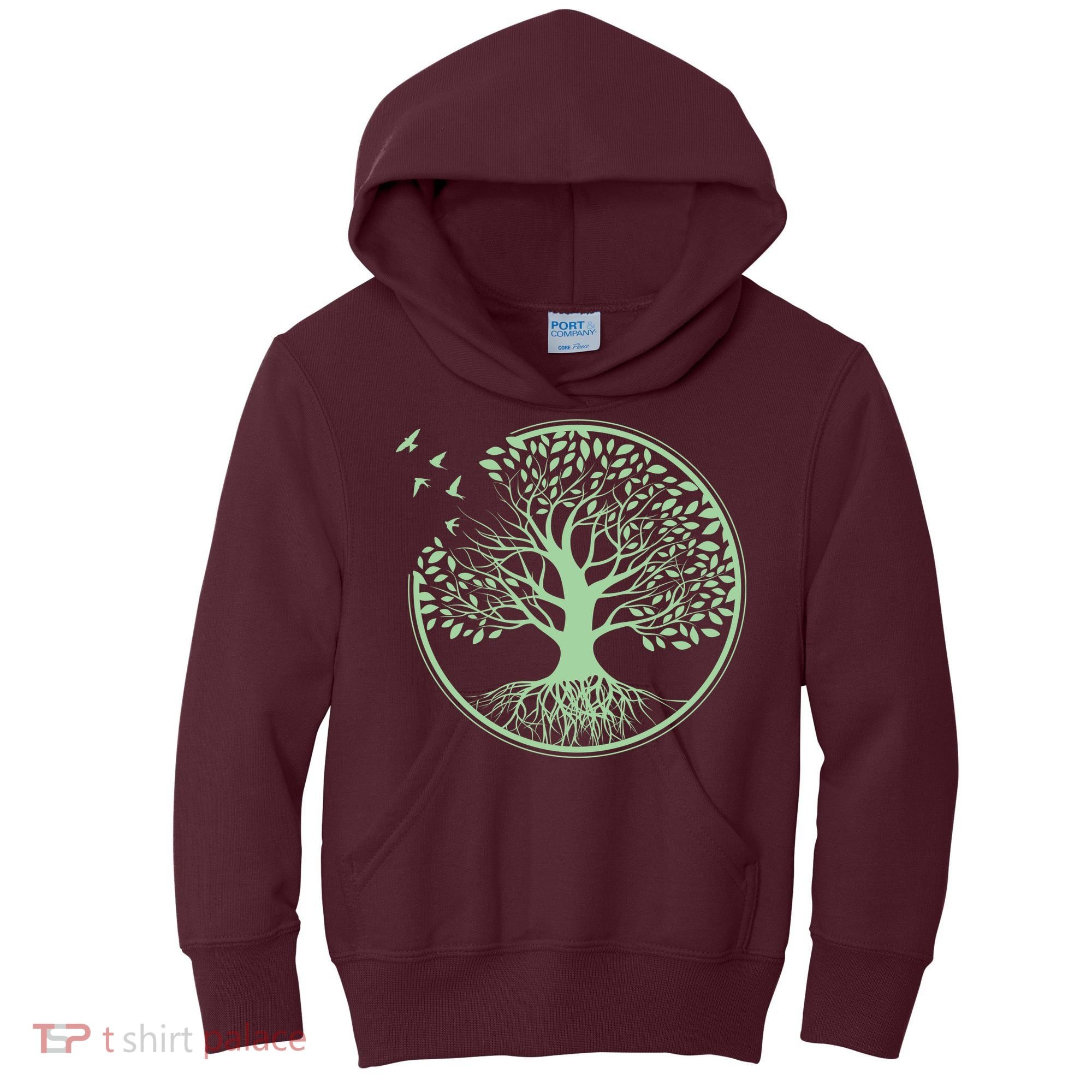 Green Tree Roots And Birds Emblem Nature Lover Kids Hoodie