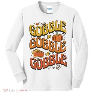 Gobble Turkey Retro Thanksgiving Fall Kids Long Sleeve Shirt