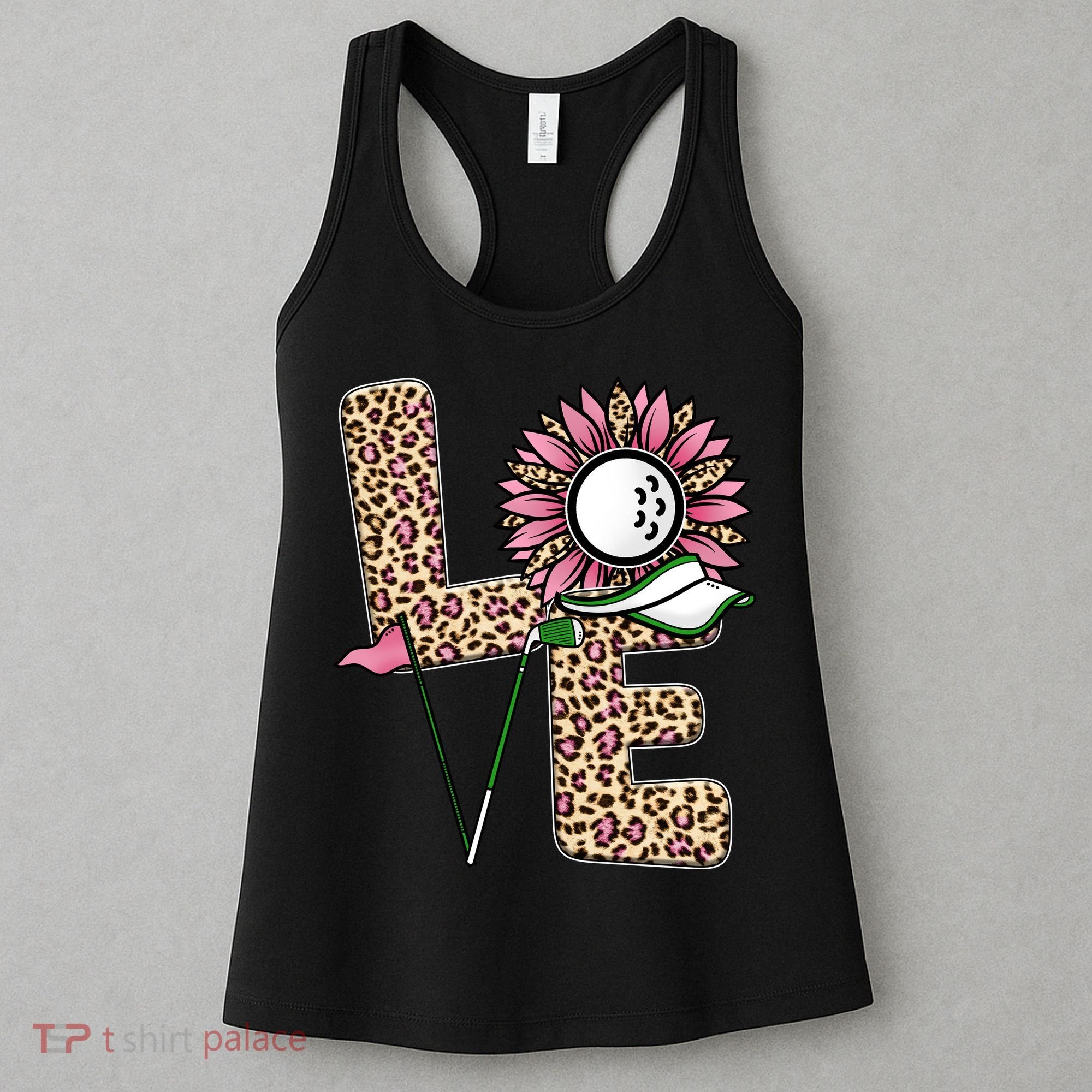 Golf T Shirts, Love Golf Leopard Sunflower Sports Ball Valentine Plus Size Women's Tank Top