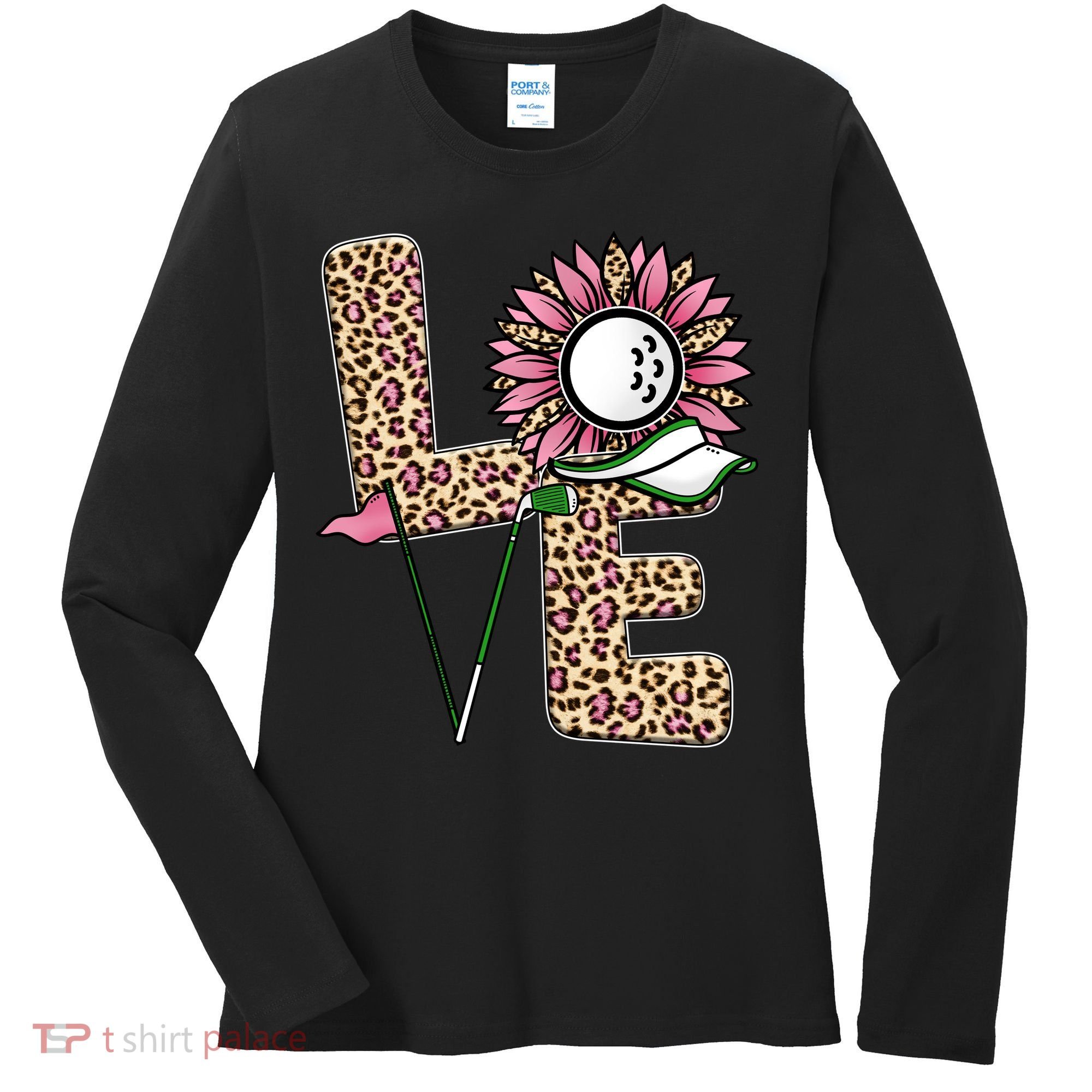 Golf T Shirts, Love Golf Leopard Sunflower Sports Ball Valentine Plus Size Women's Long Sleeve Shirt