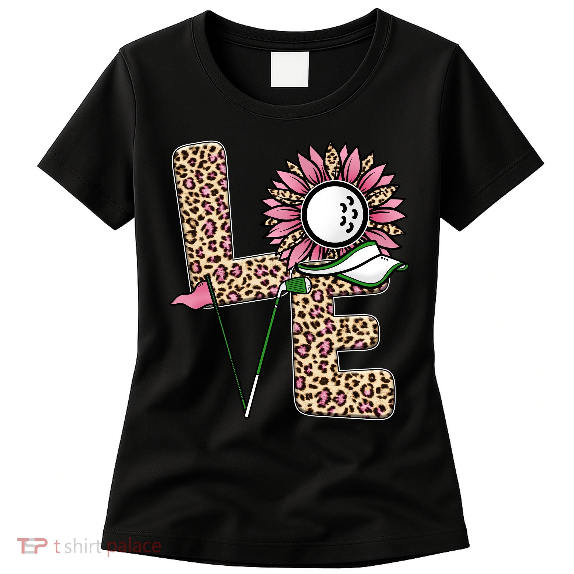 Golf T Shirts, Love Golf Leopard Sunflower Sports Ball Valentine Plus Size Women's T-Shirt