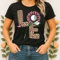 Golf T Shirts, Love Golf Leopard Sunflower Sports Ball Valentine Plus Size Women's T-Shirt thumb 2