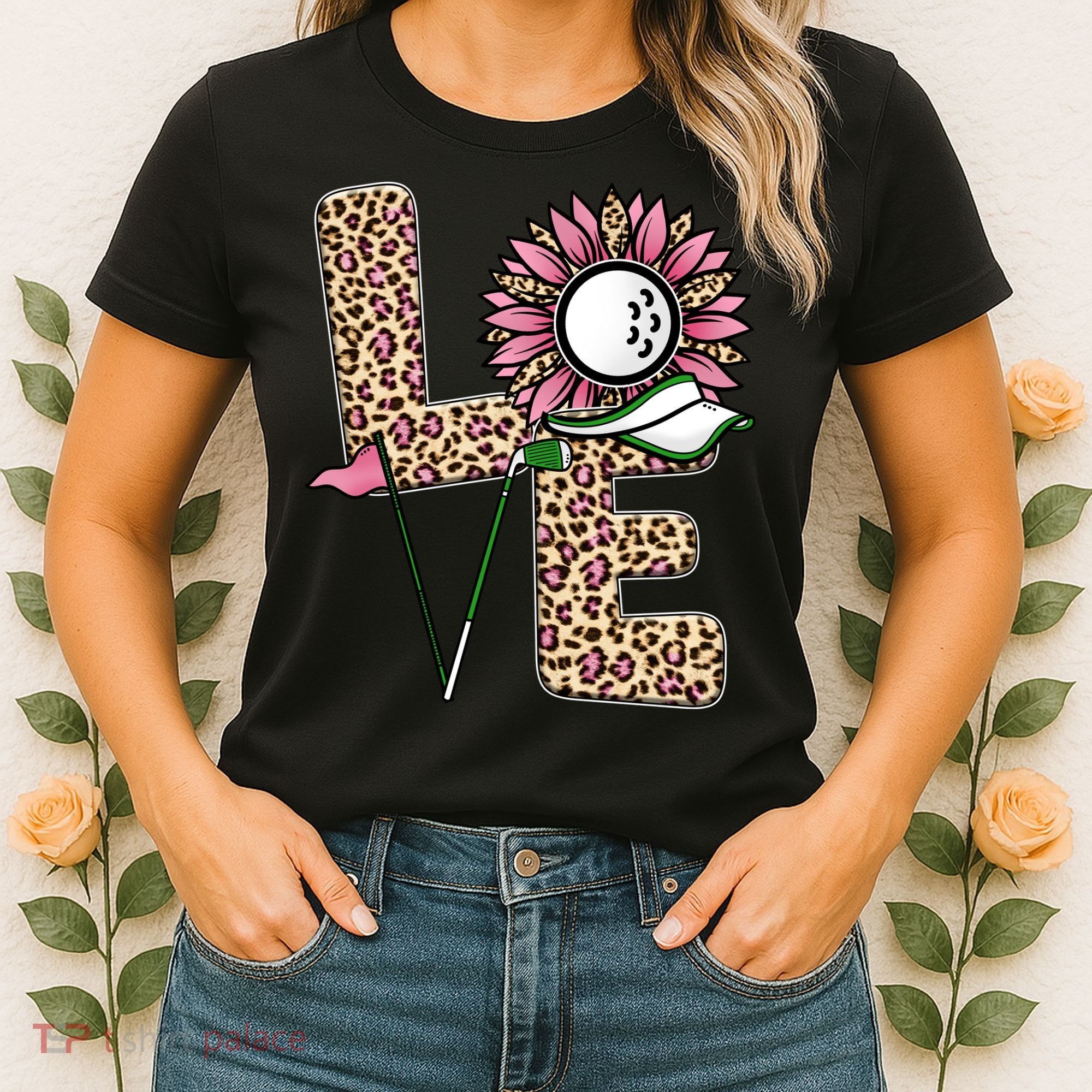 Golf T Shirts, Love Golf Leopard Sunflower Sports Ball Valentine Plus Size Women's T-Shirt