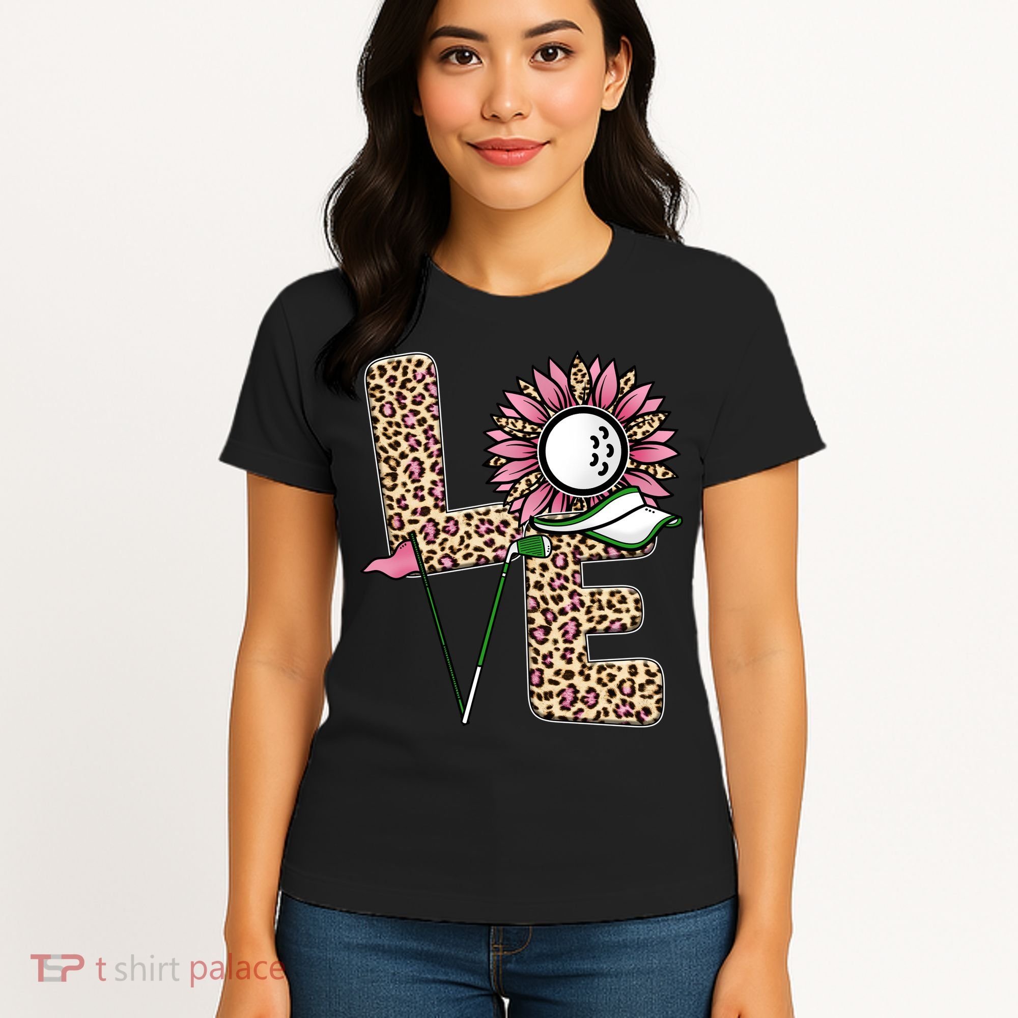 Golf T Shirts, Love Golf Leopard Sunflower Sports Ball Valentine Plus Size Women's T-Shirt