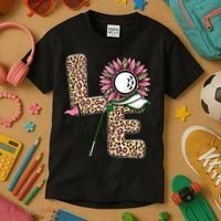 Golf T Shirts, Love Golf Leopard Sunflower Sports Ball Valentine Plus Size Kids T-Shirt thumb 3