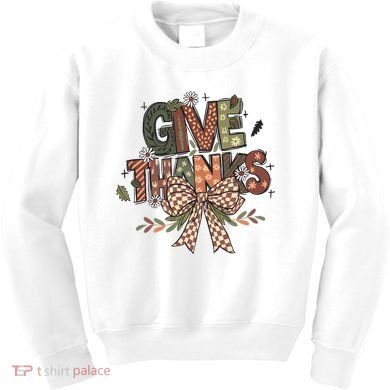 Give Thanks Thankful Coquette Thanksgiving Kids Sweatshirt