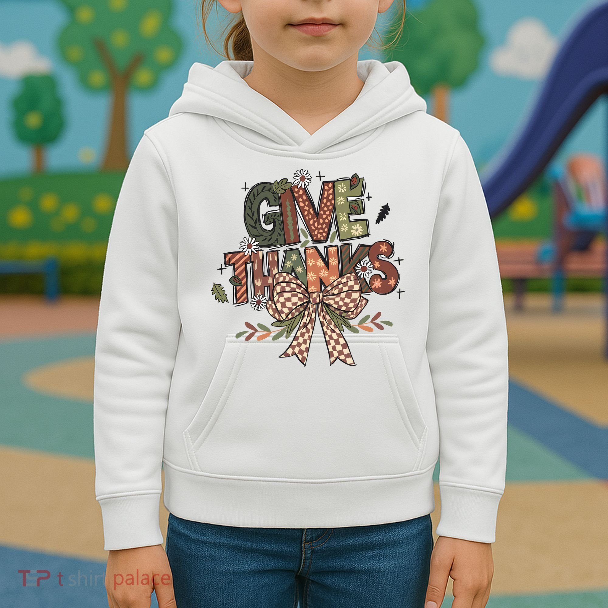 Give Thanks Thankful Coquette Thanksgiving Kids Hoodie
