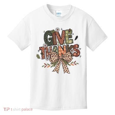 Give Thanks Thankful Coquette Thanksgiving Kids T-Shirt