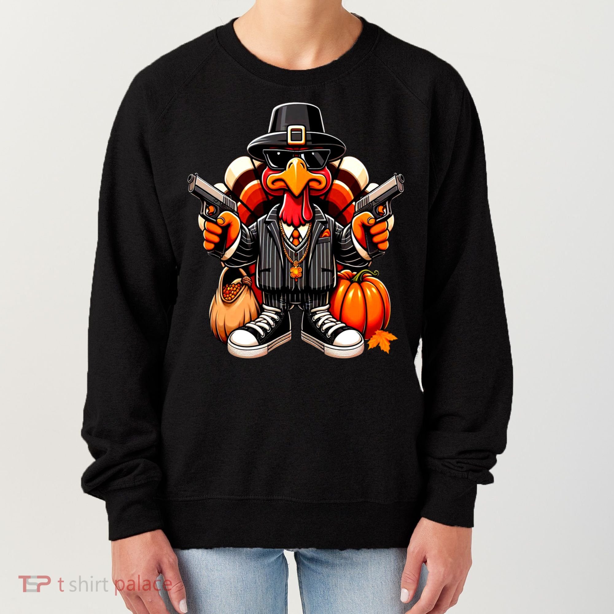 Gangster Thug Thanksgiving Turkey Gun Unhappy Angry Turkey Cool Gift Women's Sweatshirt