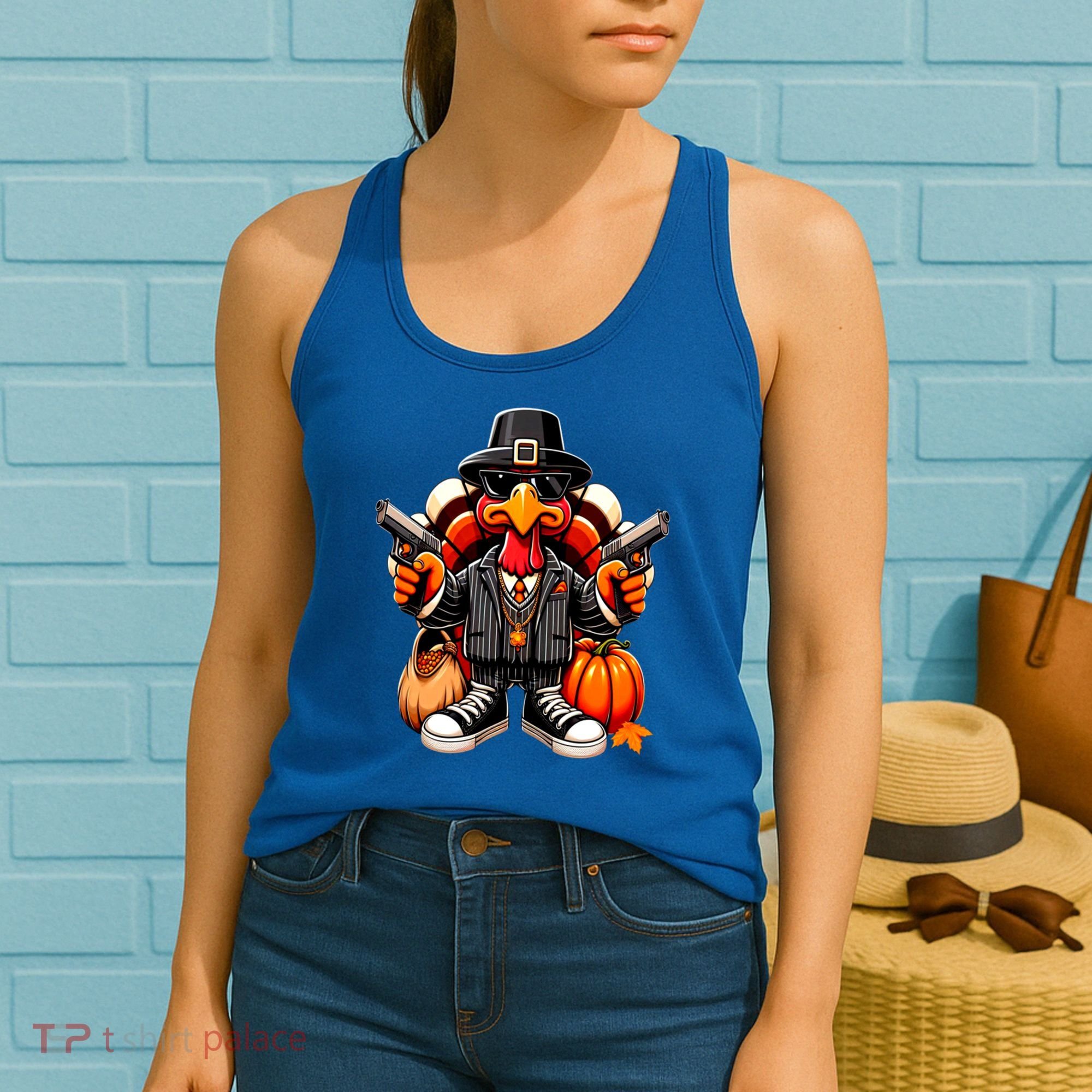Gangster Thug Thanksgiving Turkey Gun Unhappy Angry Turkey Cool Gift Women's Tank Top