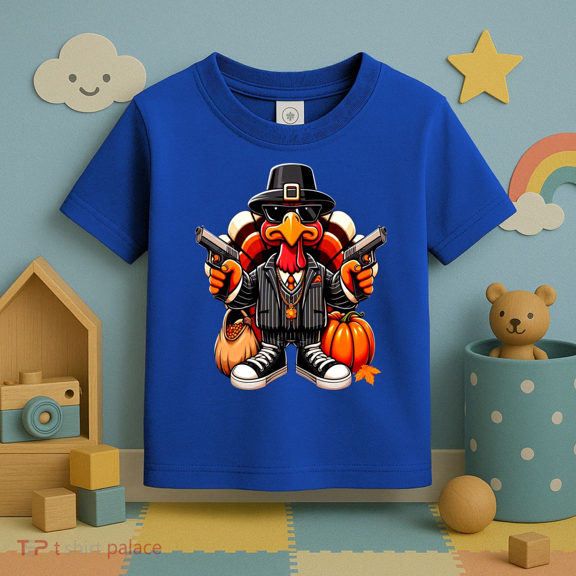 Gangster Thug Thanksgiving Turkey Gun Unhappy Angry Turkey Cool Gift Toddler T-Shirt
