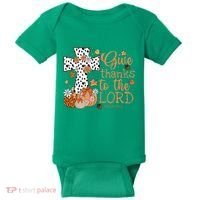 Give Thanks To The Lord Jesus Cross Pumpkin Thanksgiving Baby Bodysuit thumb 0