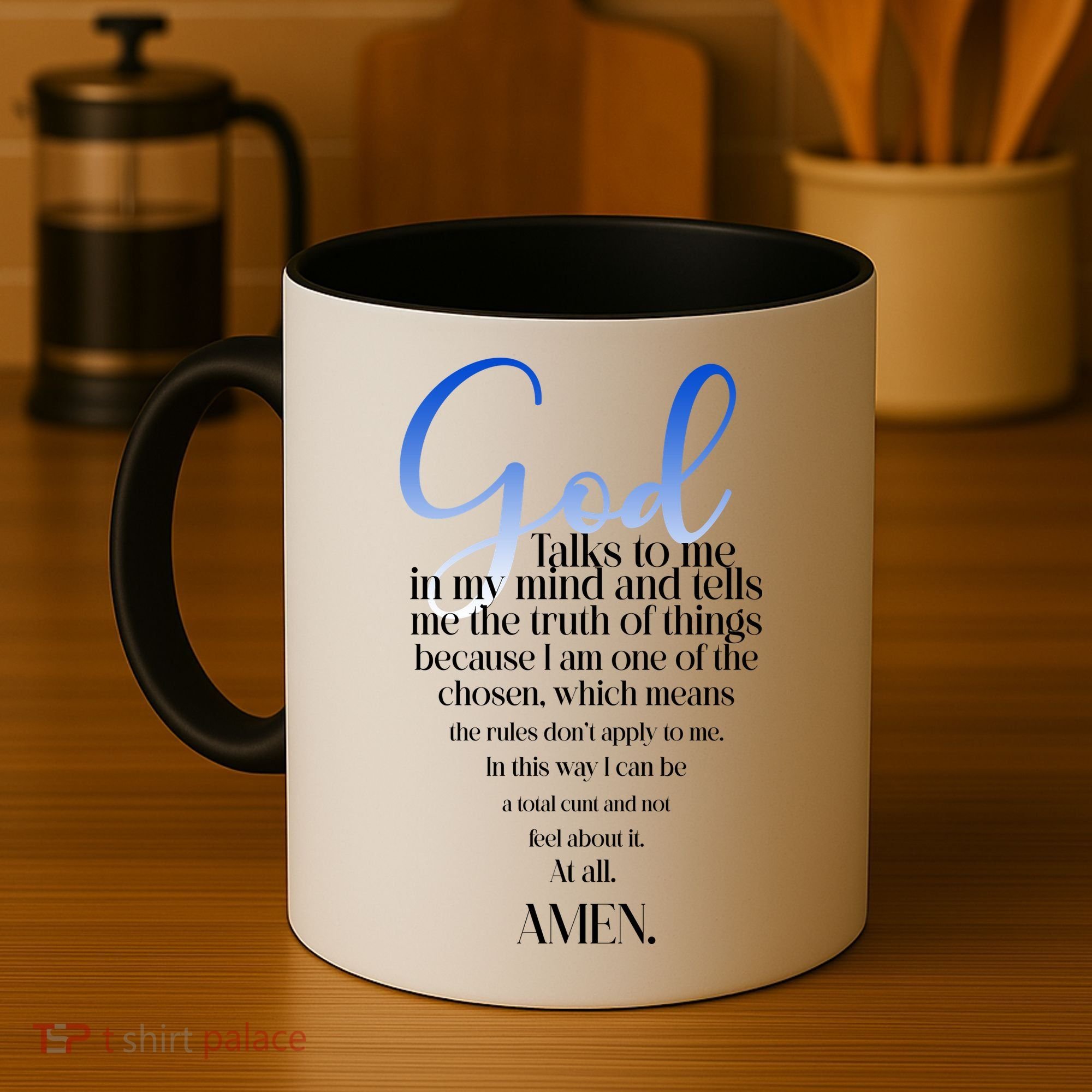 God Talks To Me Amen Funny Christian Coffee Mug