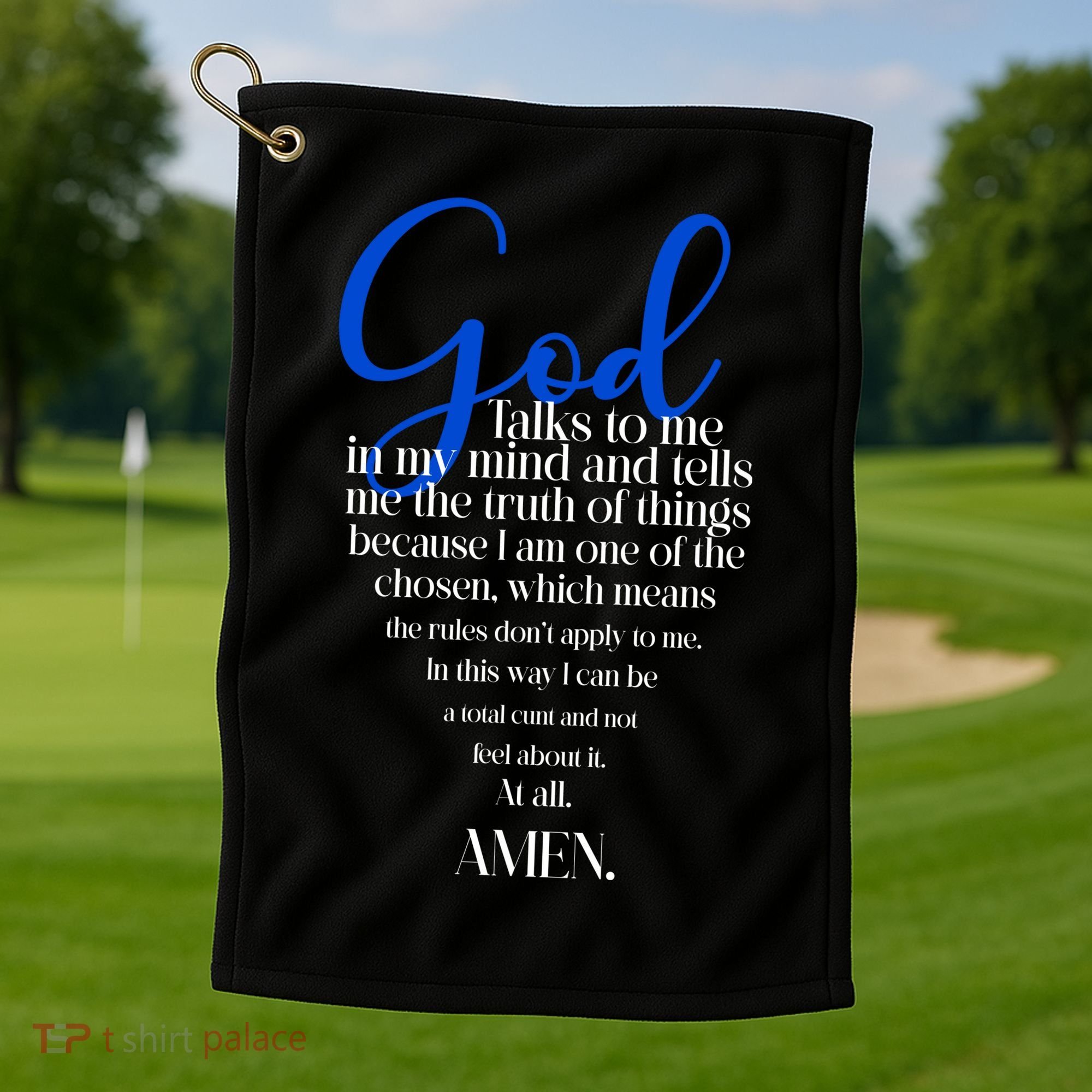 God Talks To Me Amen Funny Christian Golf Towel