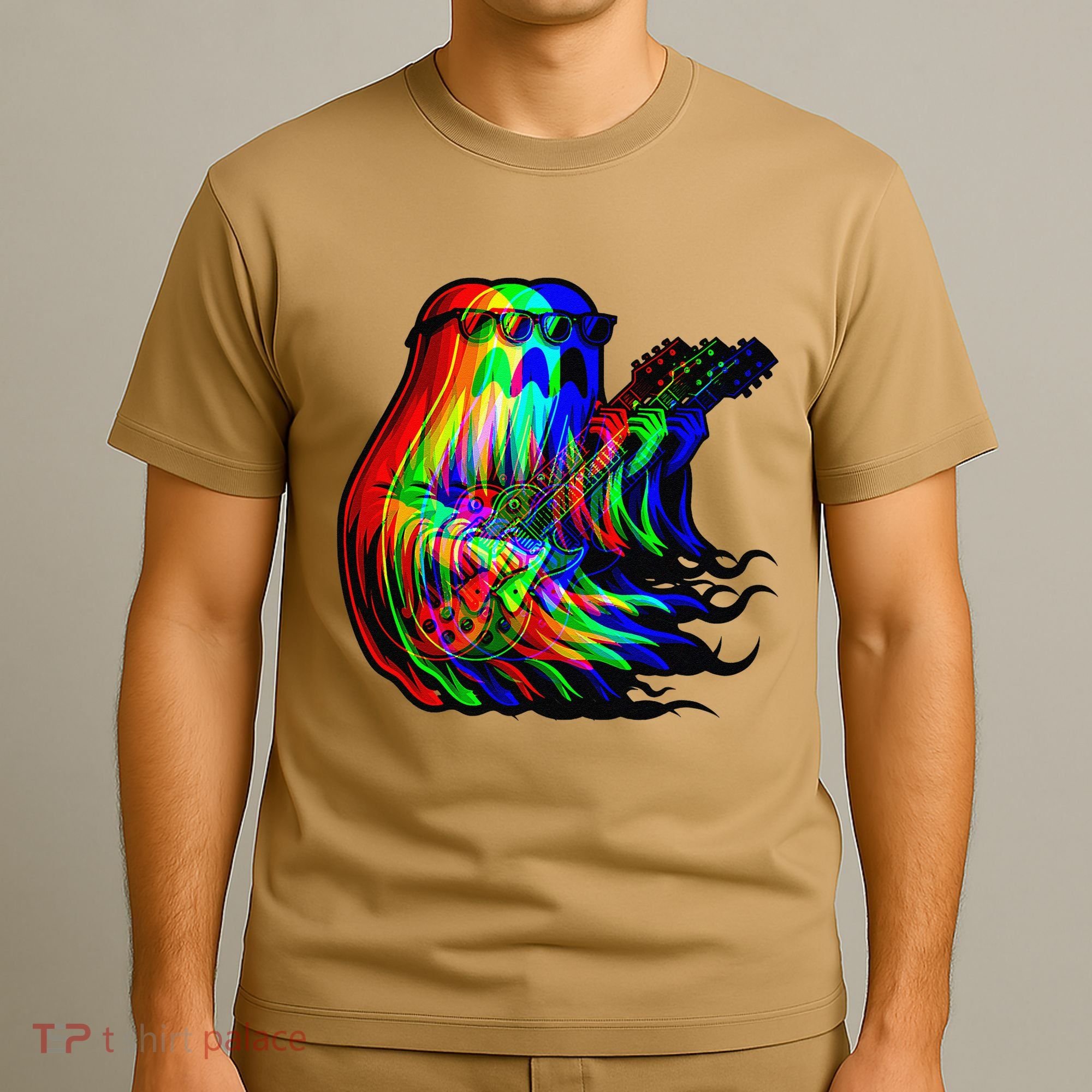Ghost Trippy Vaporwave Electric Guitar Halloween Rock Music T-Shirt
