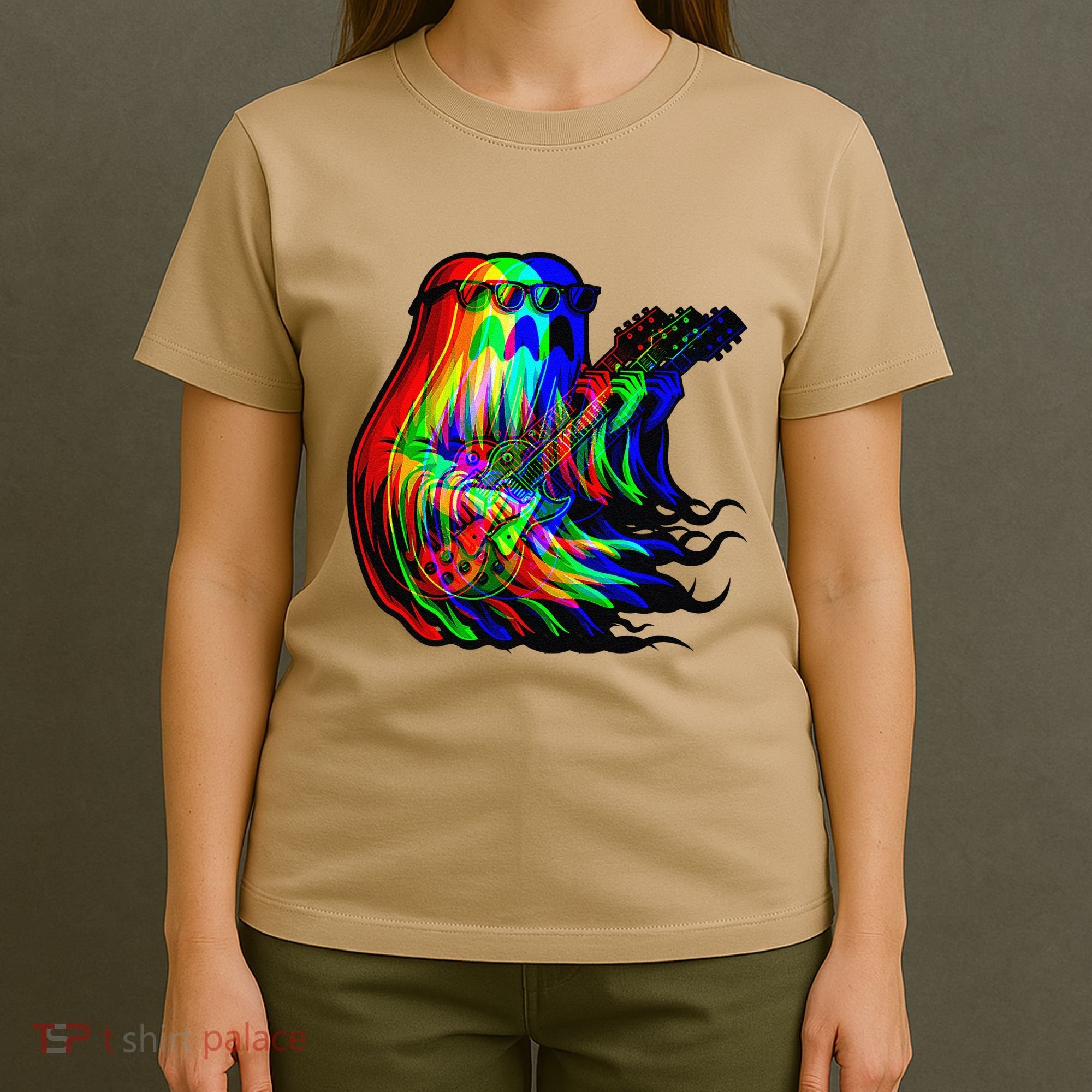 Ghost Trippy Vaporwave Electric Guitar Halloween Rock Music T-Shirt