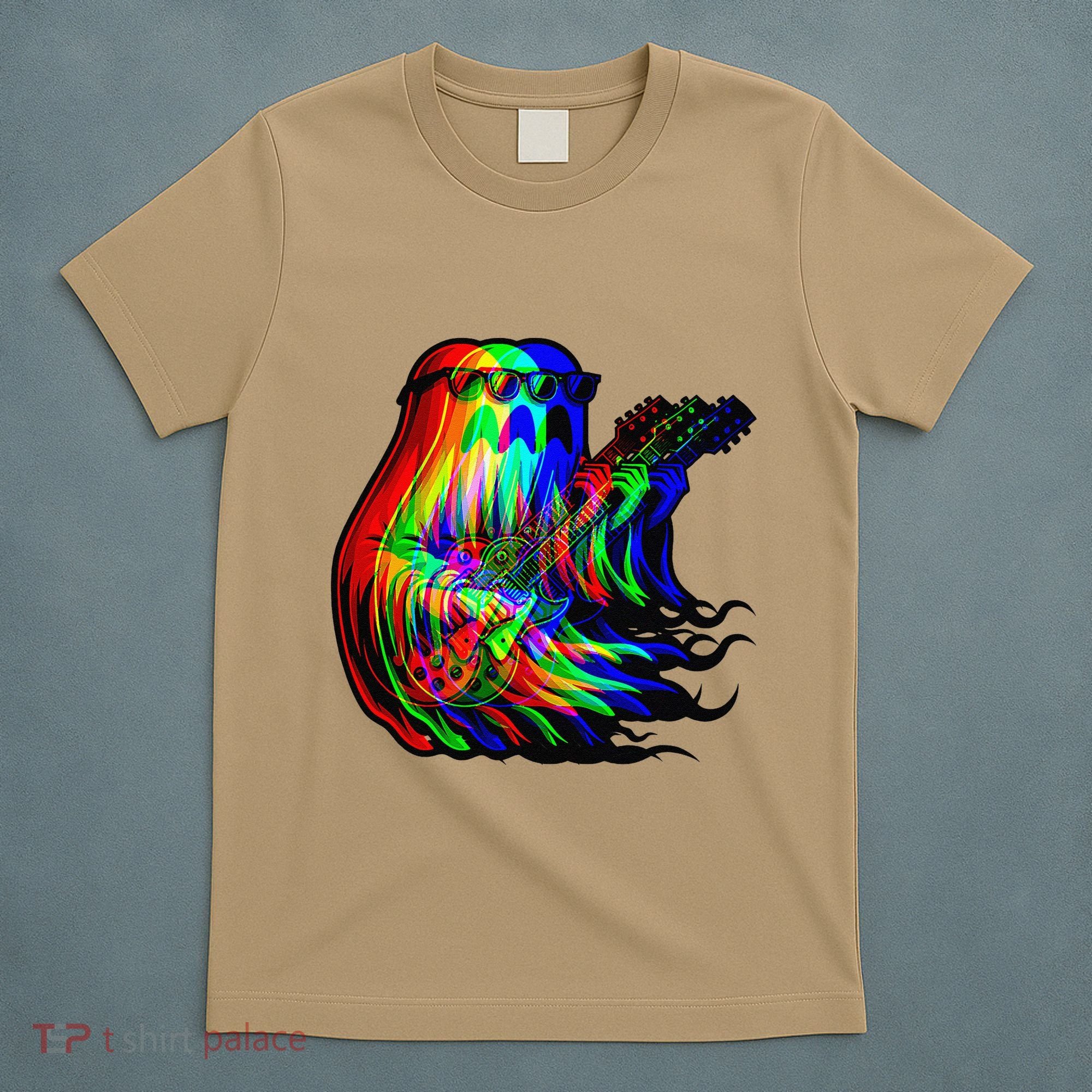 Ghost Trippy Vaporwave Electric Guitar Halloween Rock Music T-Shirt