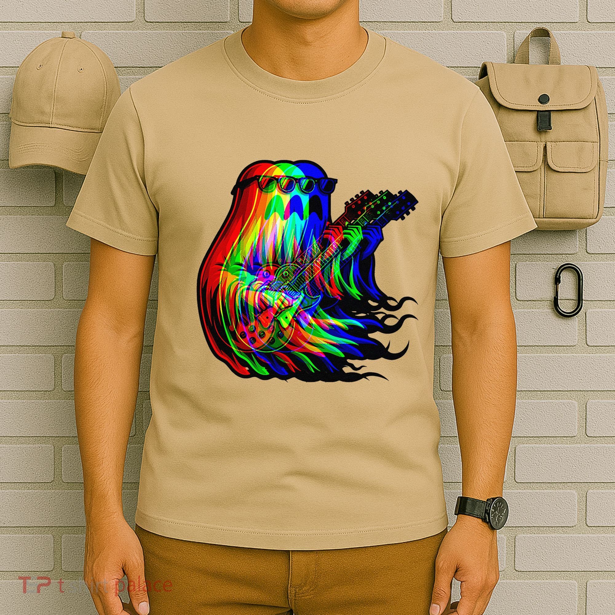 Ghost Trippy Vaporwave Electric Guitar Halloween Rock Music T-Shirt