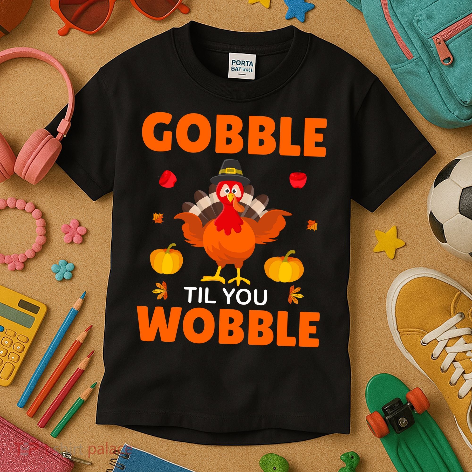 Gobble Til You Wobble Funny Thanksgiving Kids T-Shirt